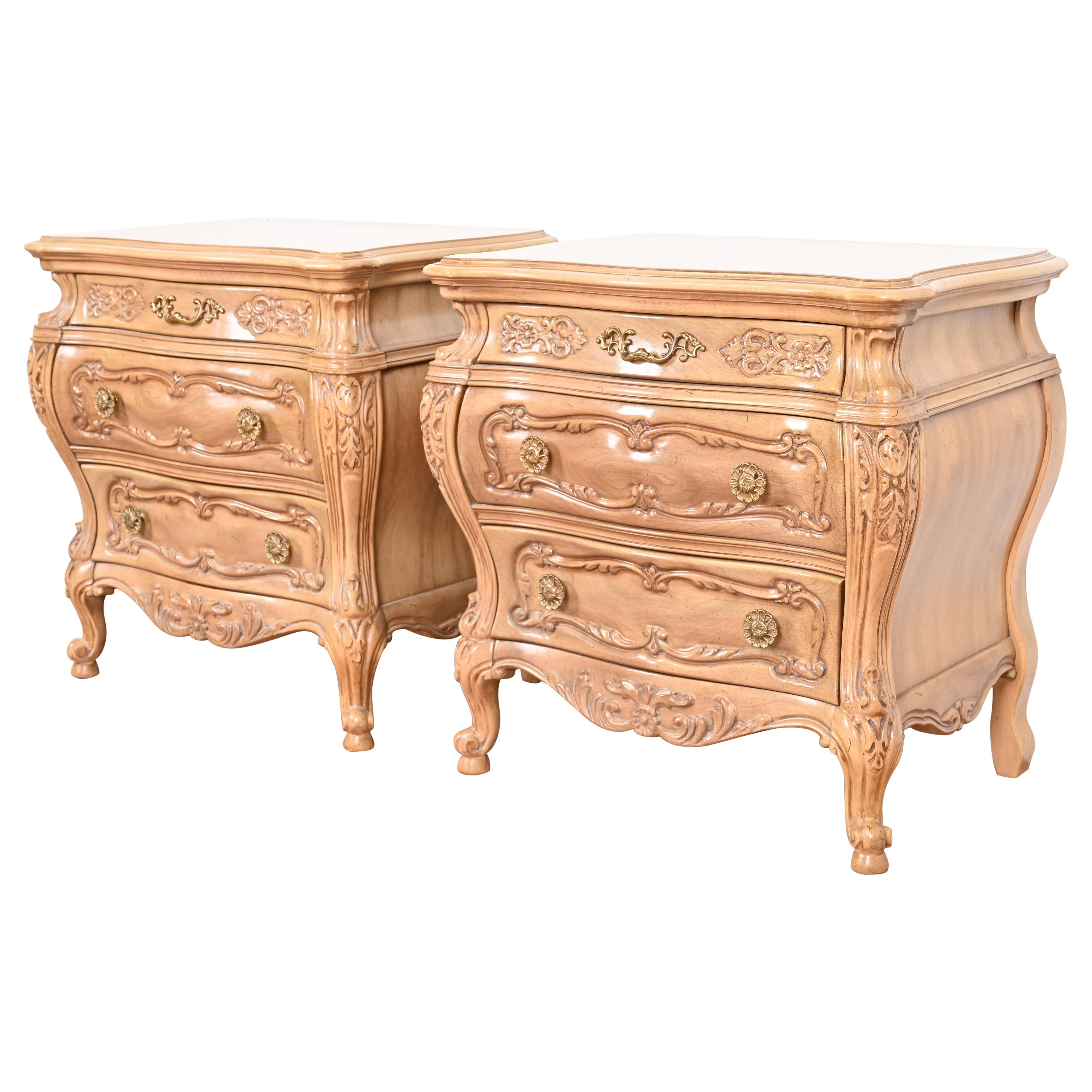 Grosfeld House Style French Provincial Louis XV Bleached Walnut Bedside Chests For Sale