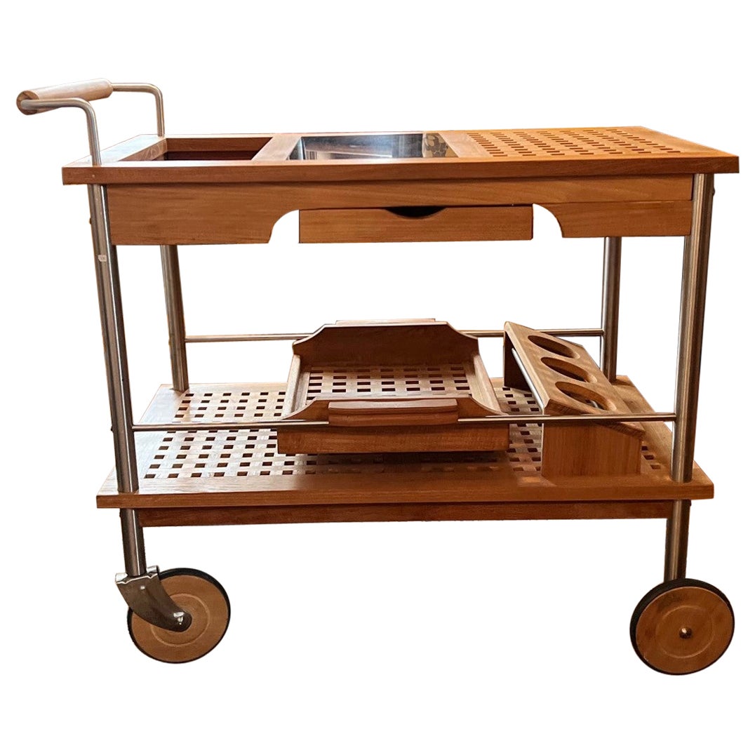 Teak Rolling Dry Bar With Granite Board, Glass/Bottle Storage and Removable Tray For Sale