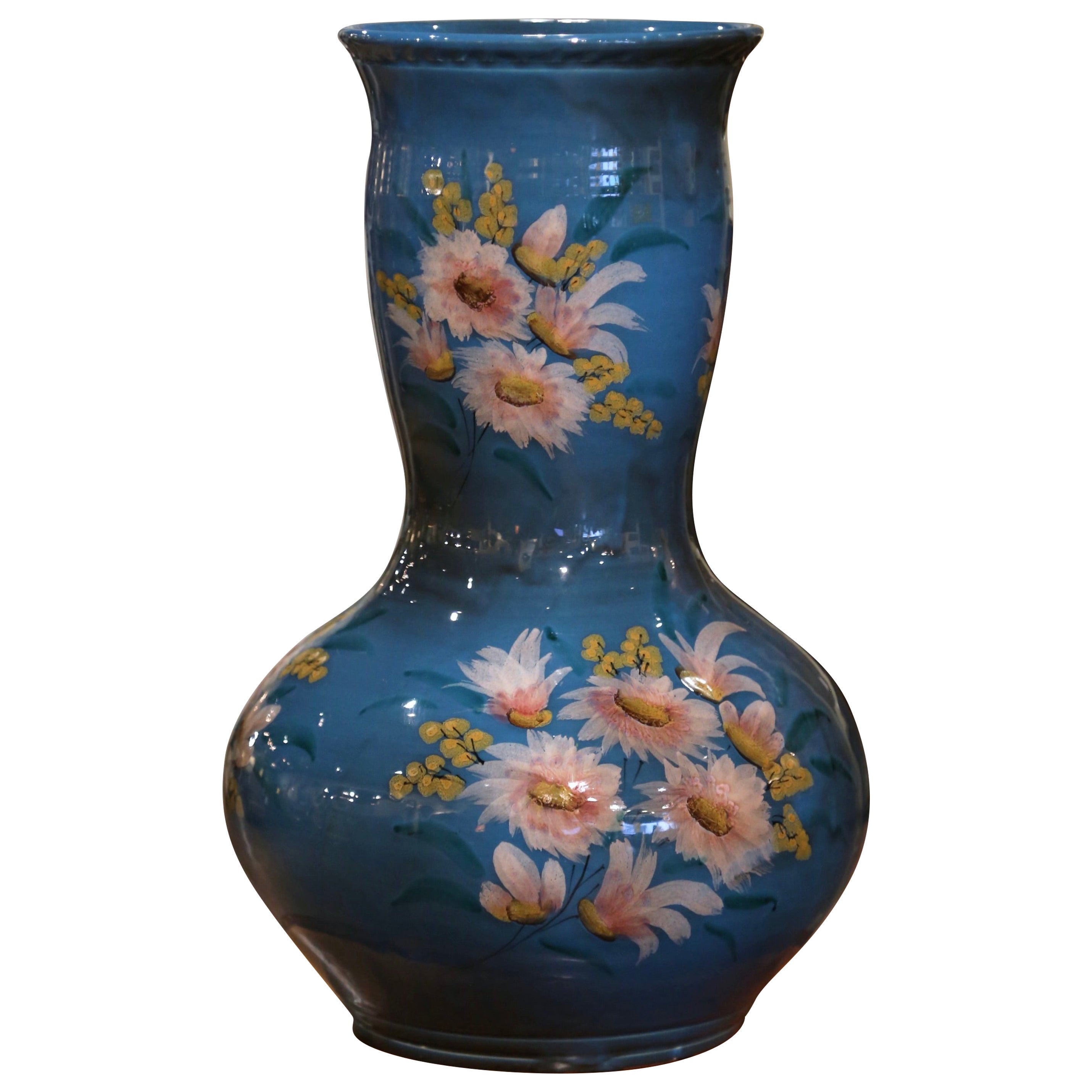 Mid-Century French Hand Painted Ceramic Vase Signed F. Caleca Vallauris For Sale