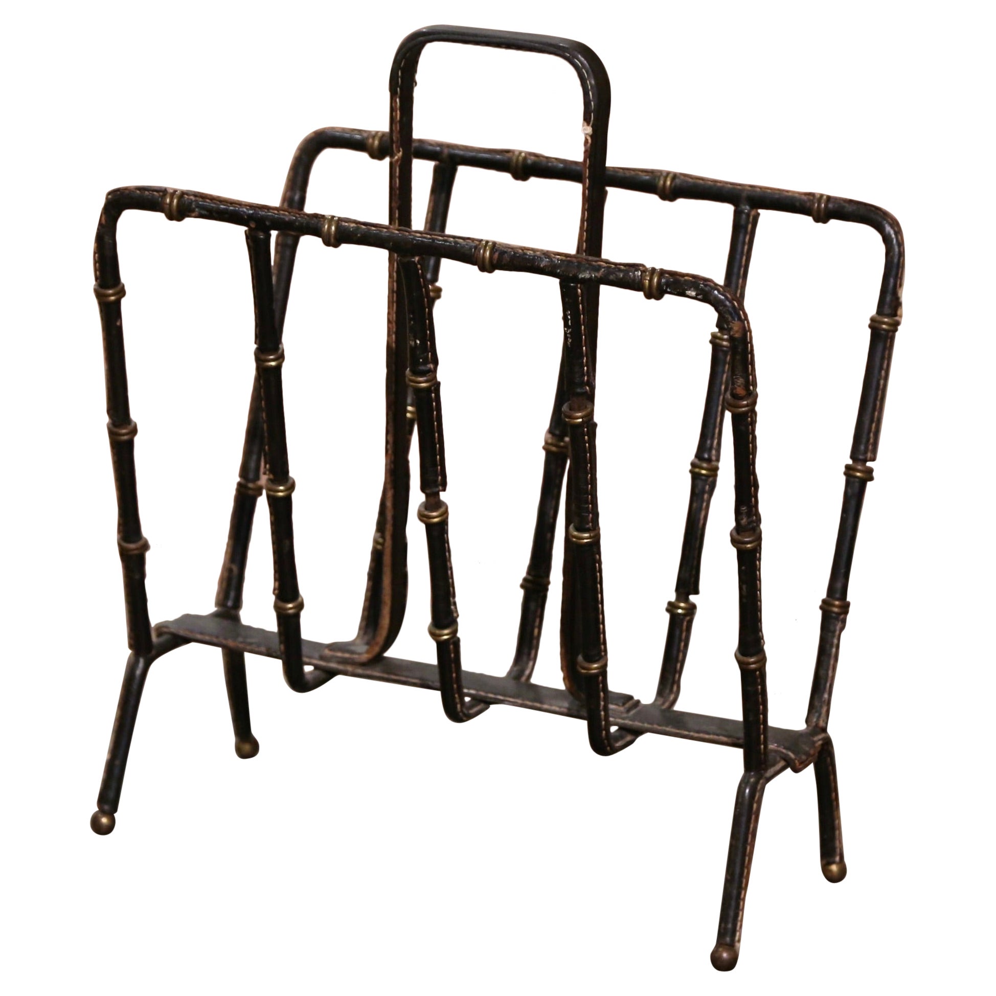 Mid-20th Century French Leather Magazine Rack by Jacques Adnet For Sale