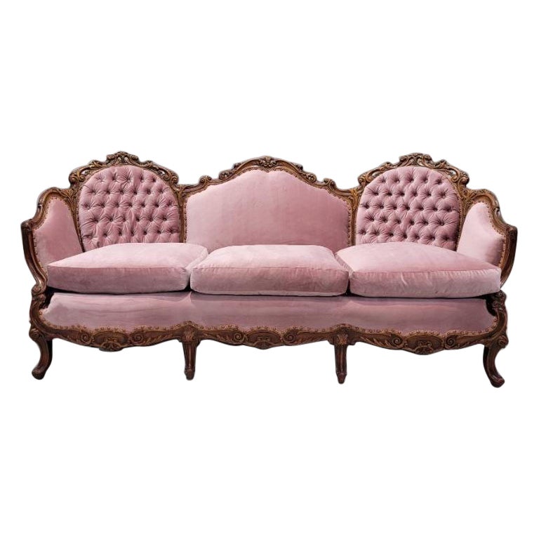 Antique French Victorian Walnut Tufted Back Bergere Sofa Newly Upholstered For Sale