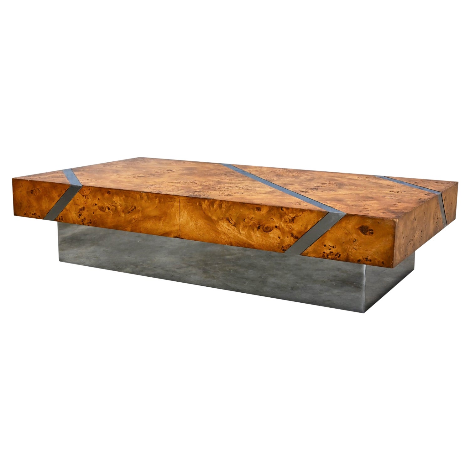 Modern Burl Chrome & Polished Stainless Steel Floating Coffee Table Plinth Base For Sale