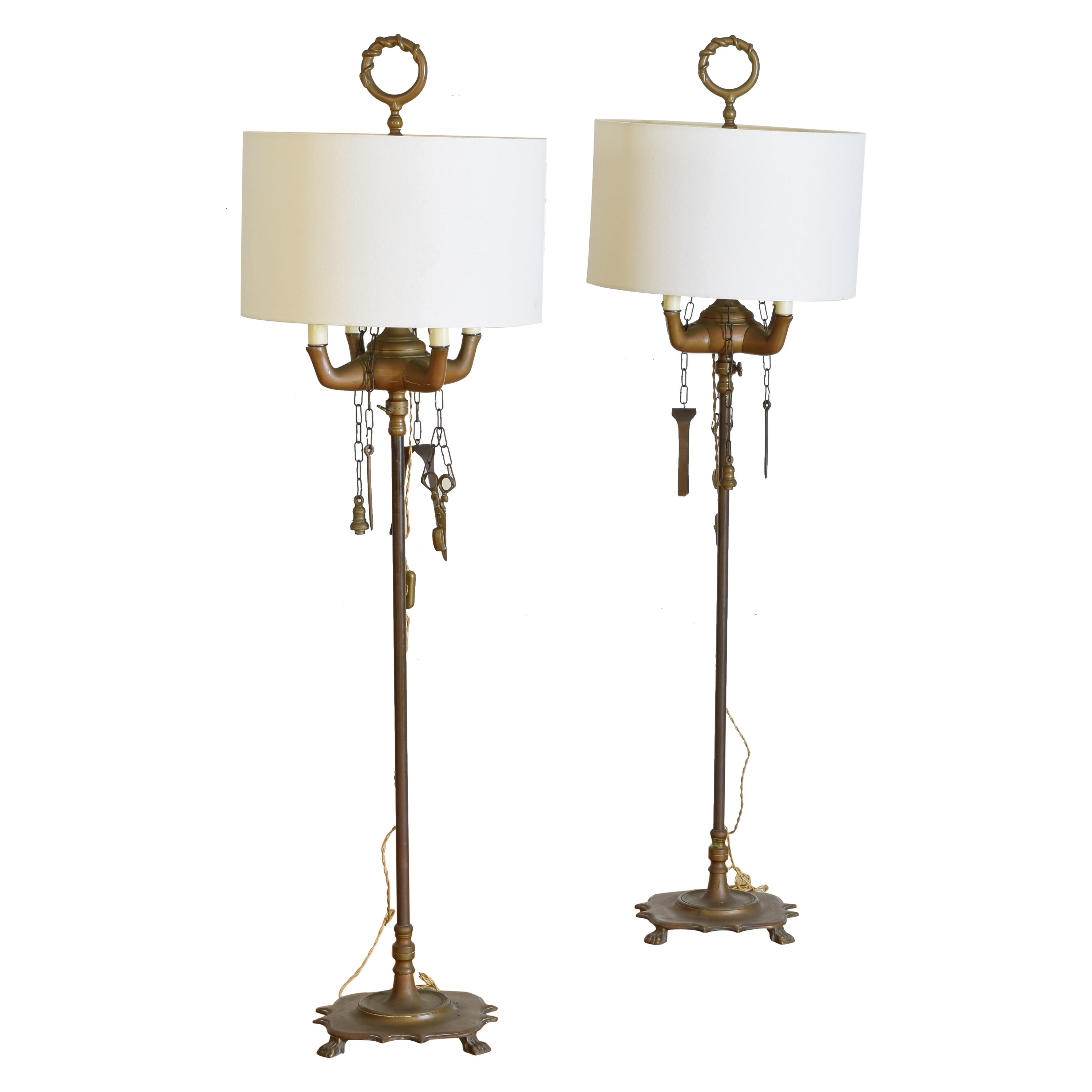 Paar italienische Lucerne-Stehlampen aus Messing im Barockstil mit 4 Lichtern, letztes Viertel des 19. Jahrhunderts