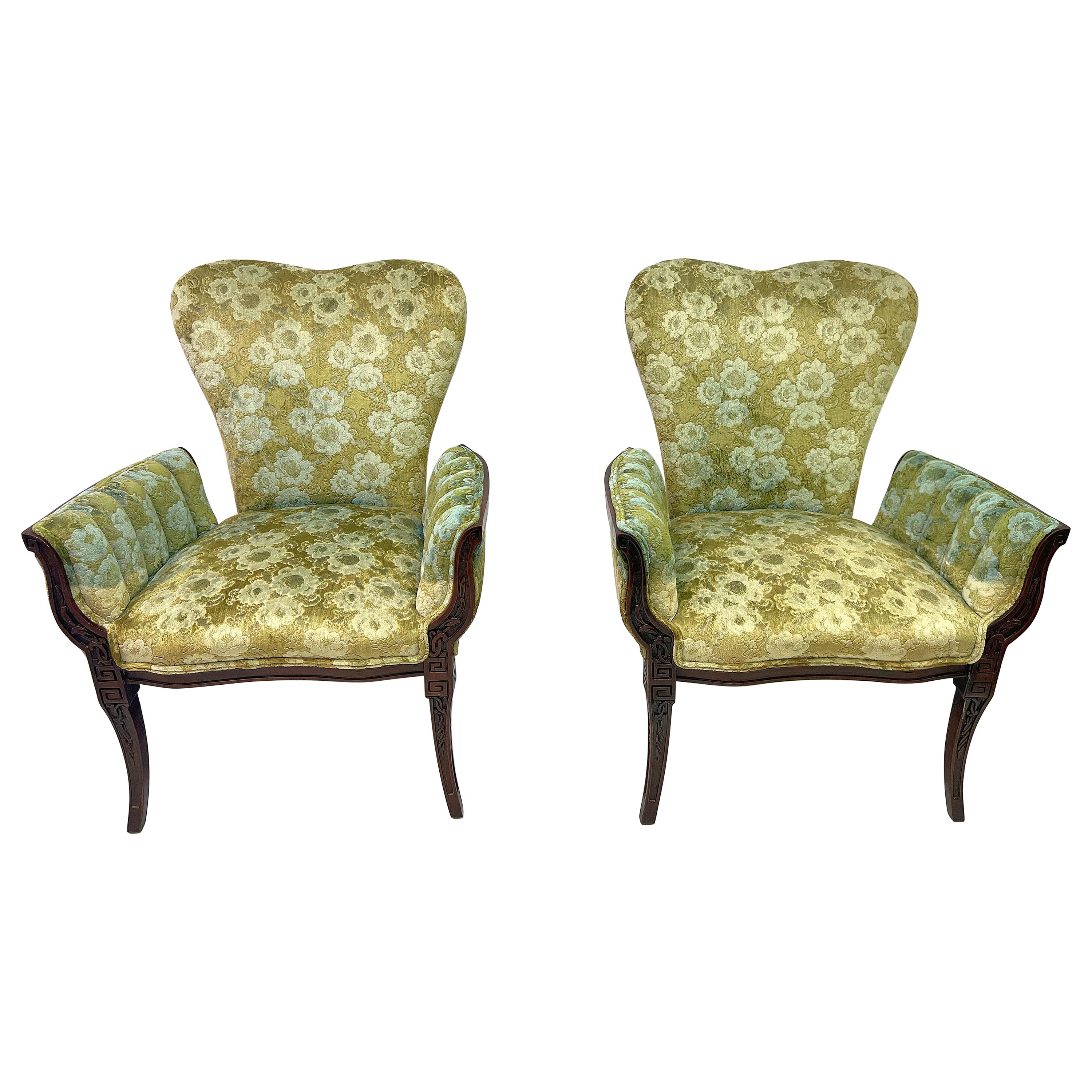 Grosfeld House Attributed Fireside Chairs in Green Floral Upholstery - a Pair For Sale