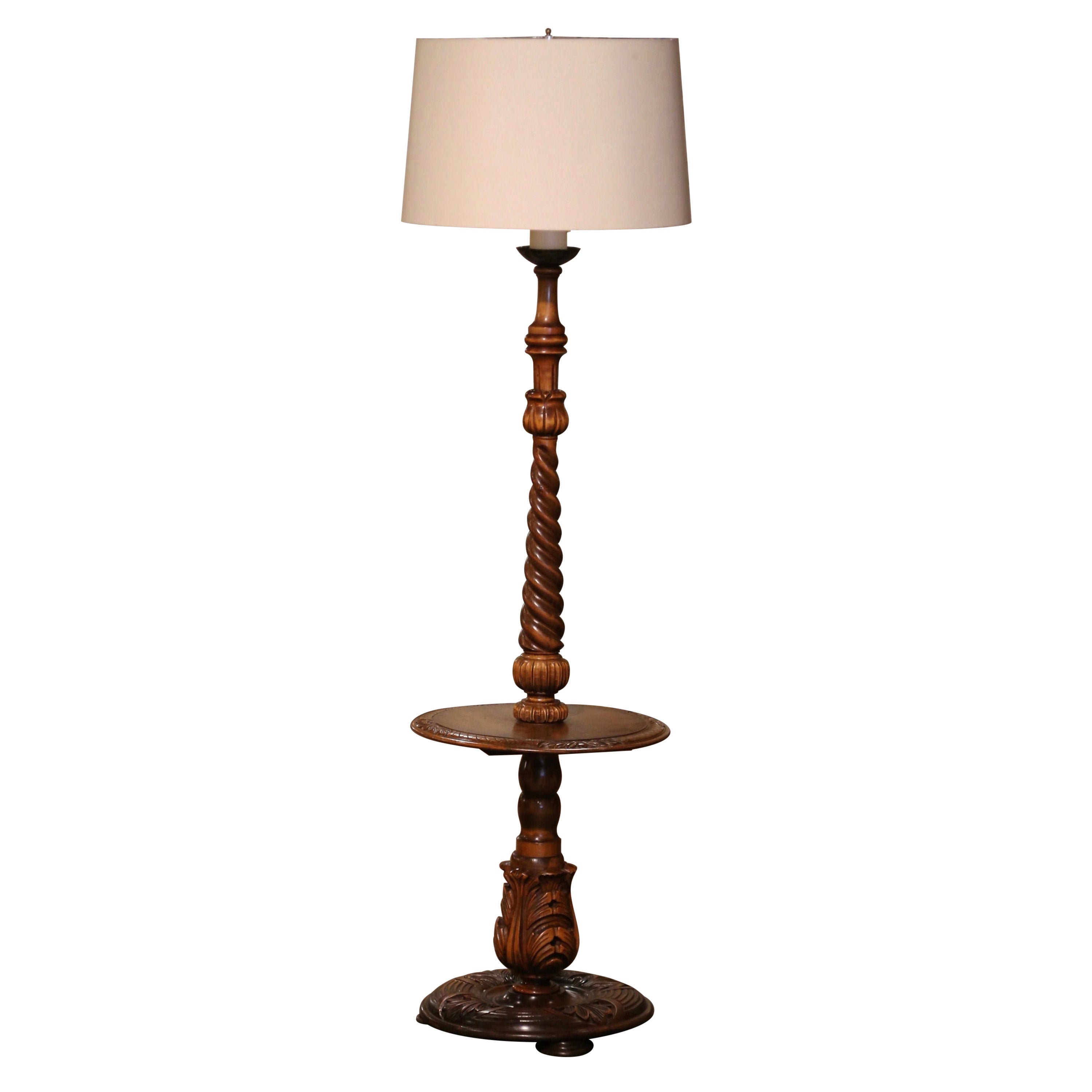 Early 20th Century French Carved Barley Twist Floor Lamp with Attached Table For Sale