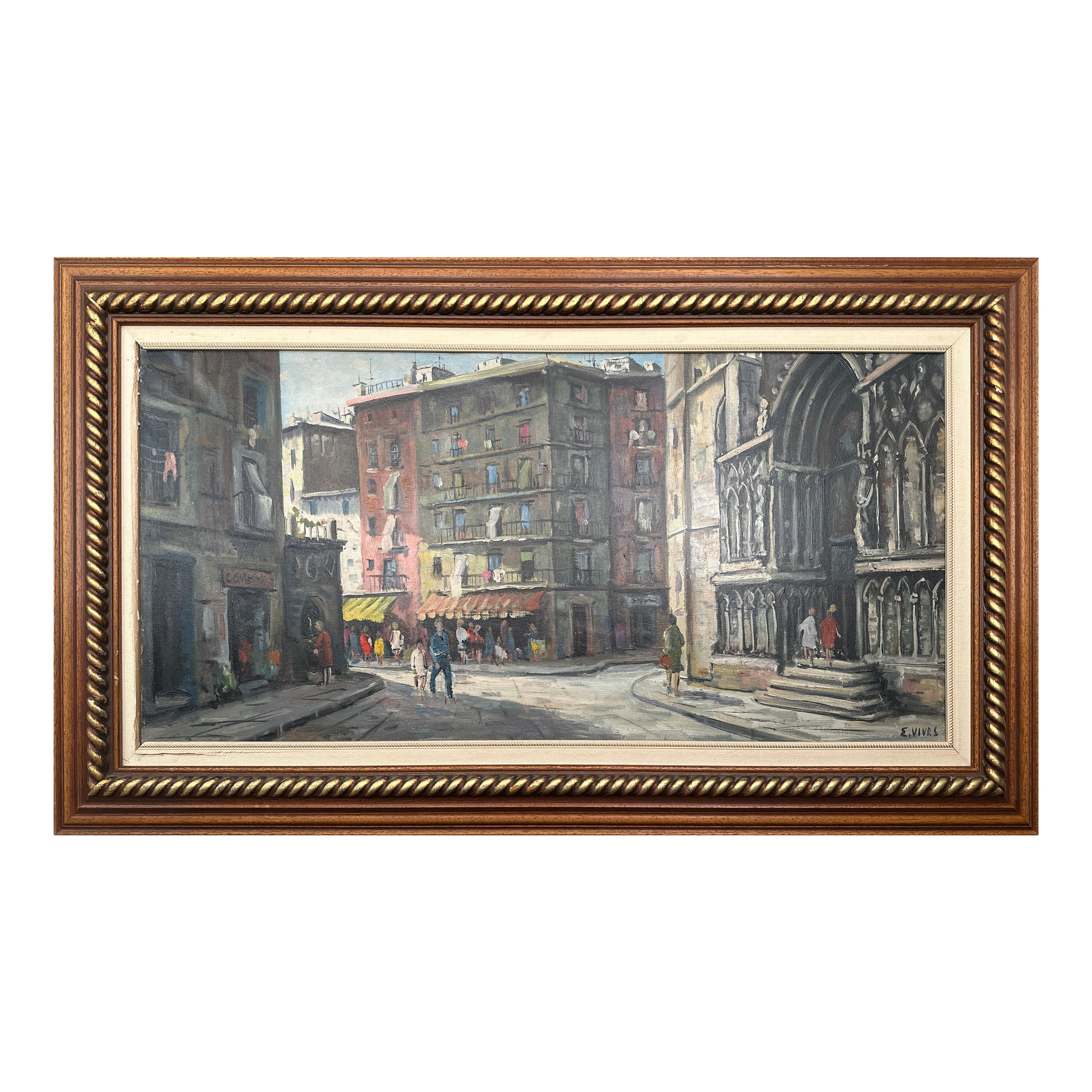 Beautiful Oil Painting of a Street in Spain For Sale