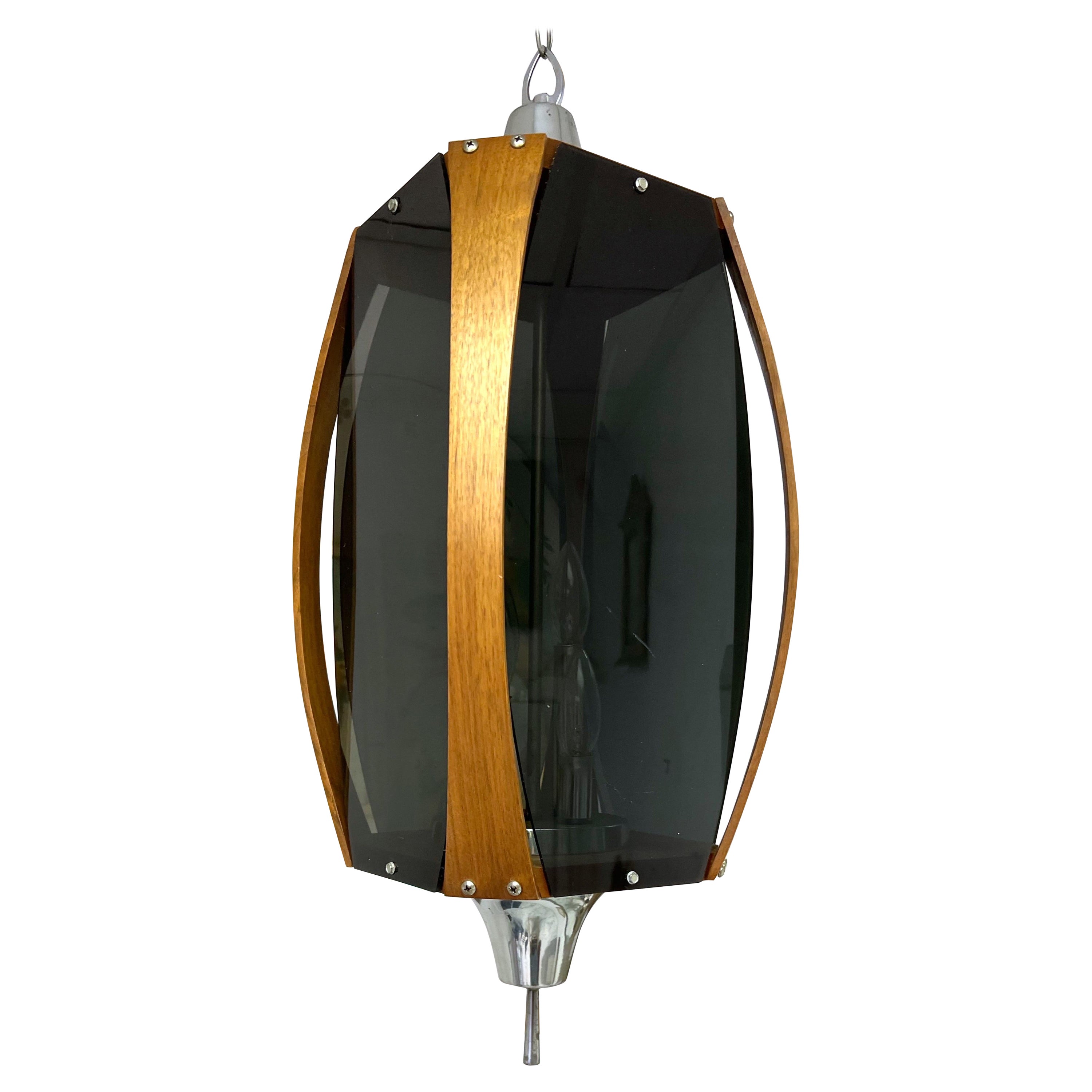 Vintage Mid-Century Modern Smoked Acrylic, Walnut and Chrome Pendant Light