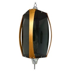 Vintage Mid-Century Modern Smoked Acrylic, Walnut and Chrome Pendant Light