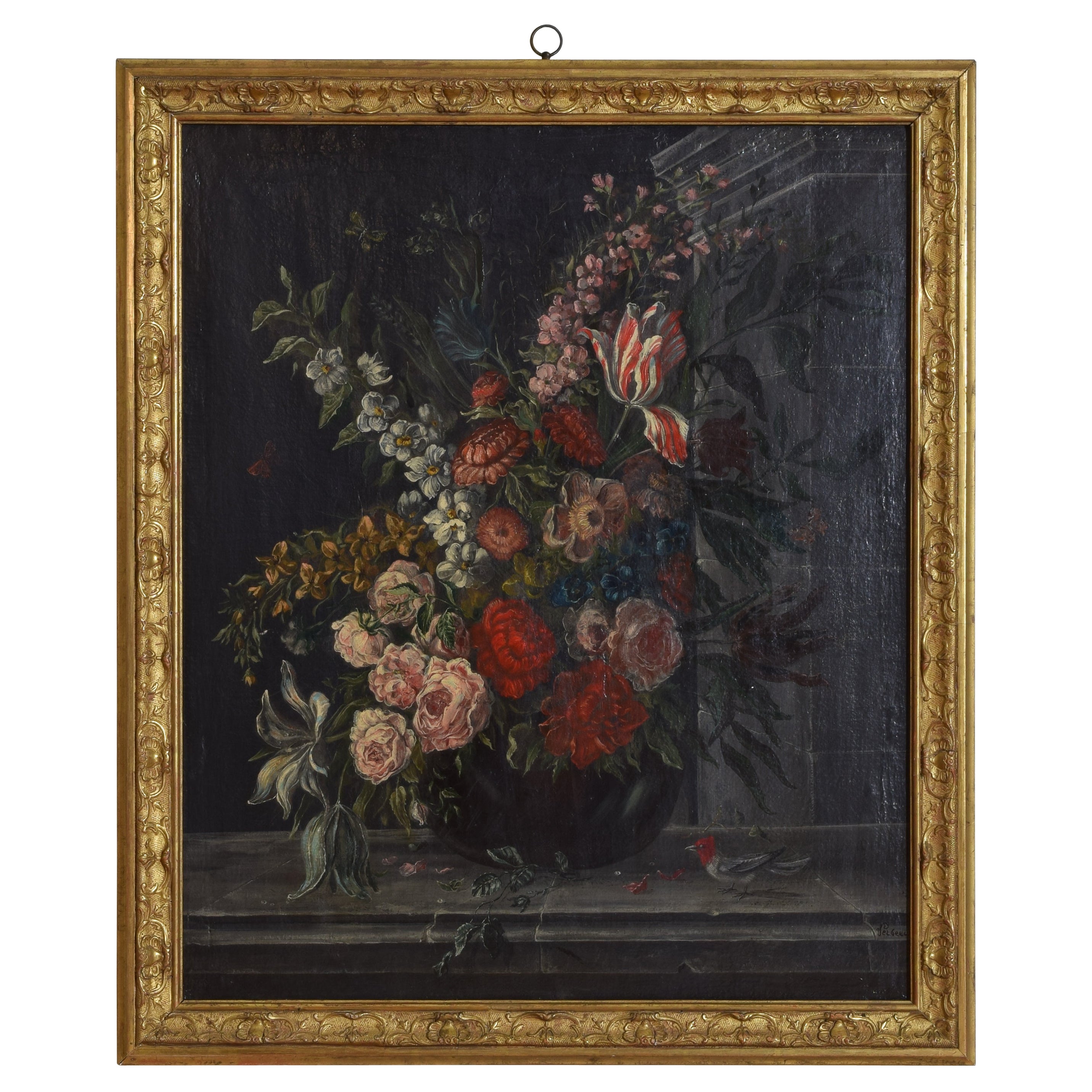 Italian, Oil on Canvas, Floral Still Life, in Carved Giltwood Frame, 19th cen. For Sale