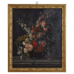 Antique Italian, Oil on Canvas, Floral Still Life, in Carved Giltwood Frame, 19th cen.