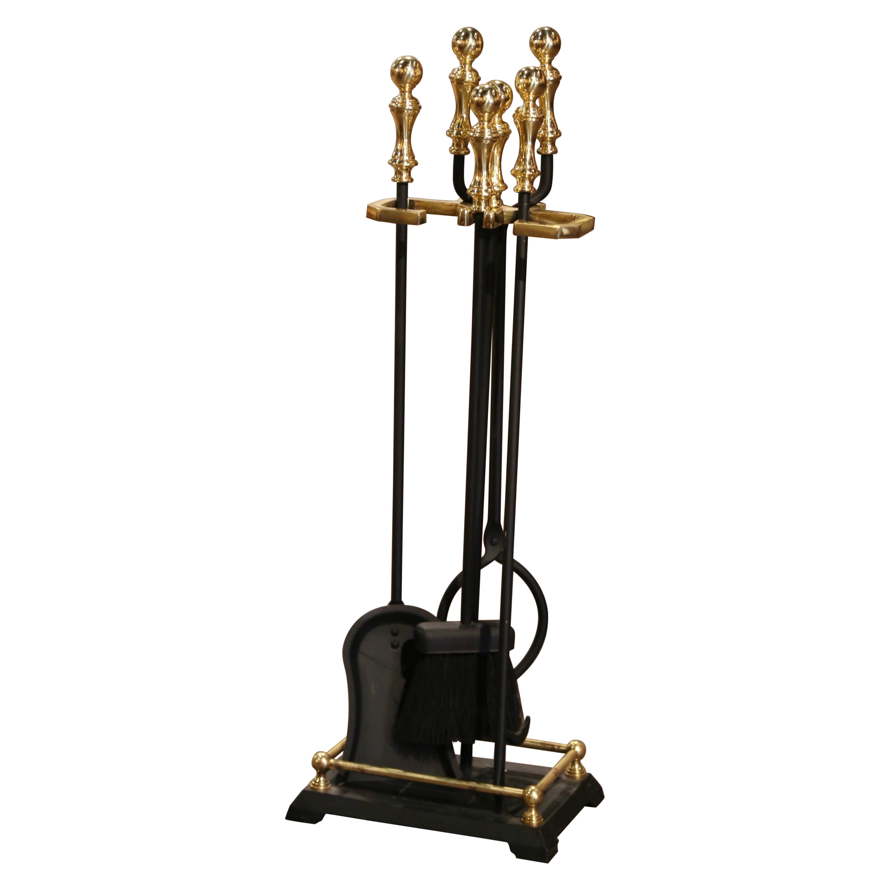 Mid-Century Empire Style Bronze and Iron Fireplace Four-Piece Tool Set on Stand For Sale