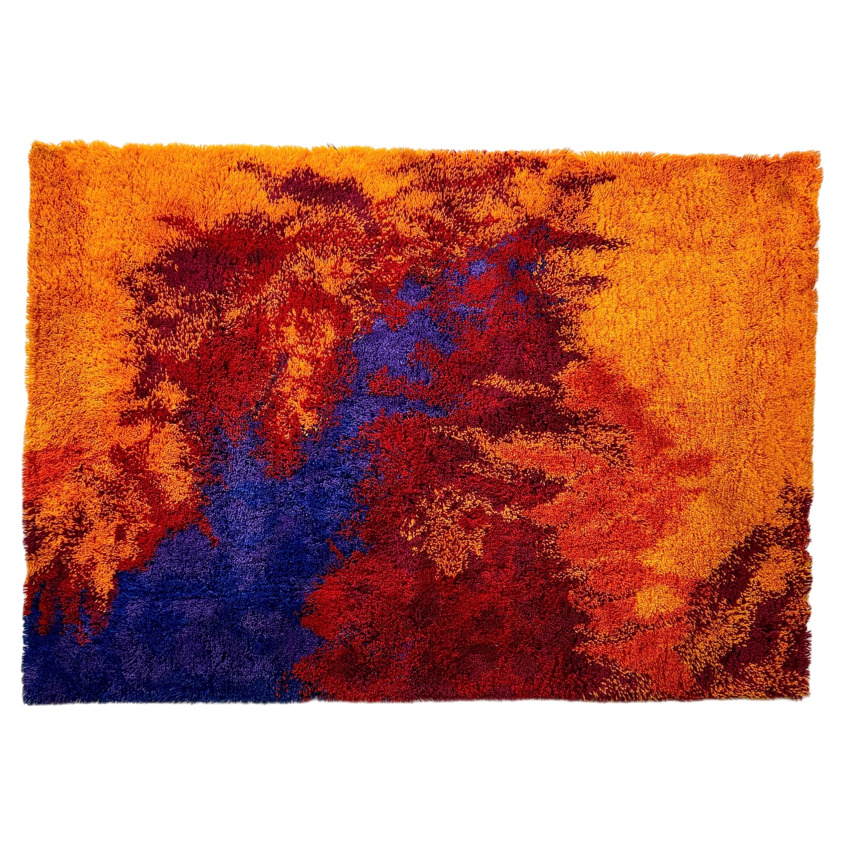 Mid-Century Rya Carpet, Swedish Rug, Colorful For Sale