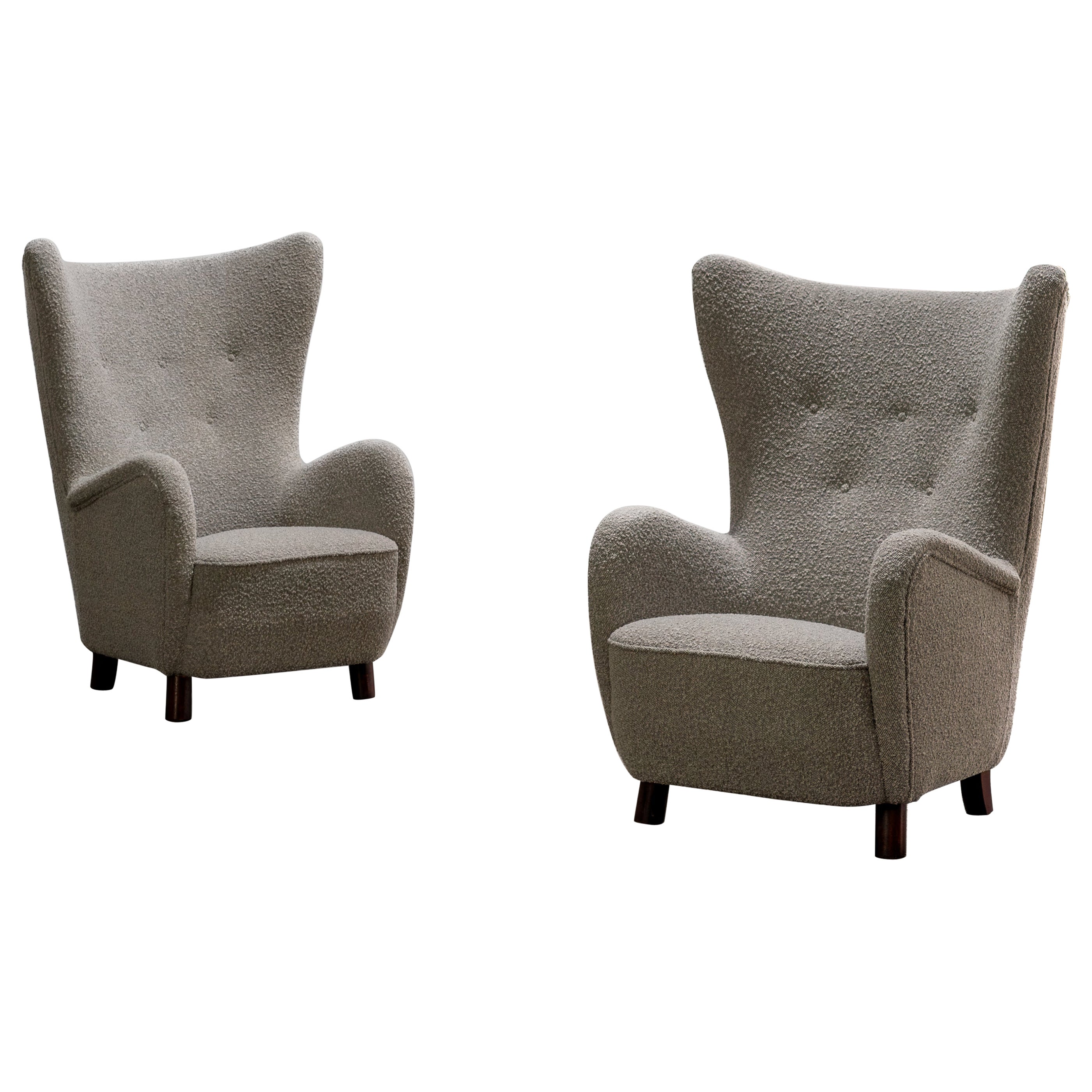 Vintage Mogens Lassen Wingback Chairs From Denmark, Boucle Fabric, 1950s For Sale