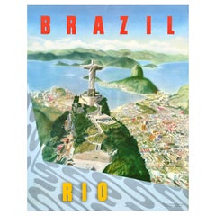 Original Vintage Travel Poster Brazil Rio Christ The Redeemer Copacabana Beach