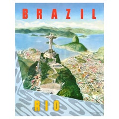 Original-Vintage-Reiseplakat Brazil Rio Christ The Redeemer Copacabana Beach, Brasilien