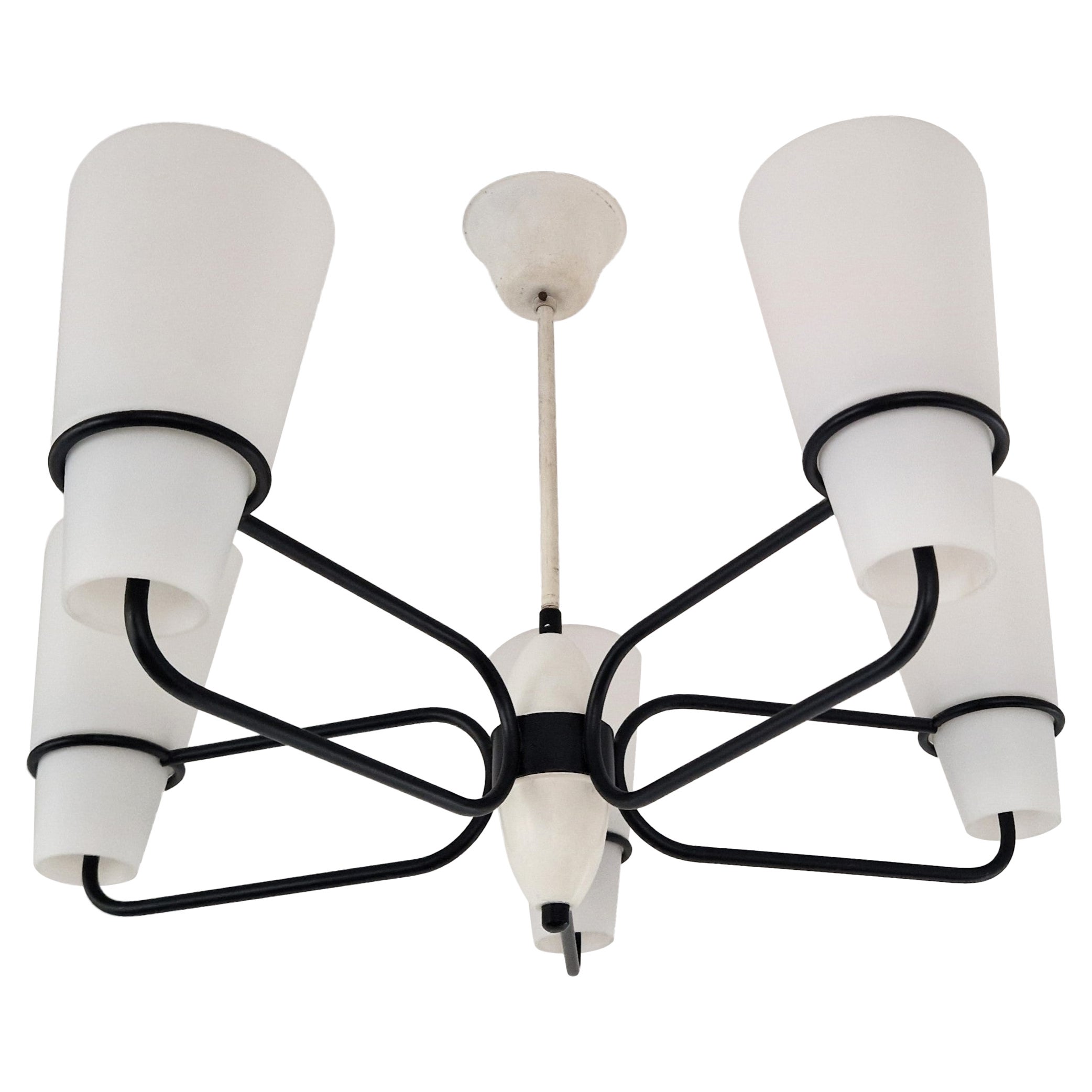 Vintage black and white 5-armed chandelier, 1950's/1960's For Sale