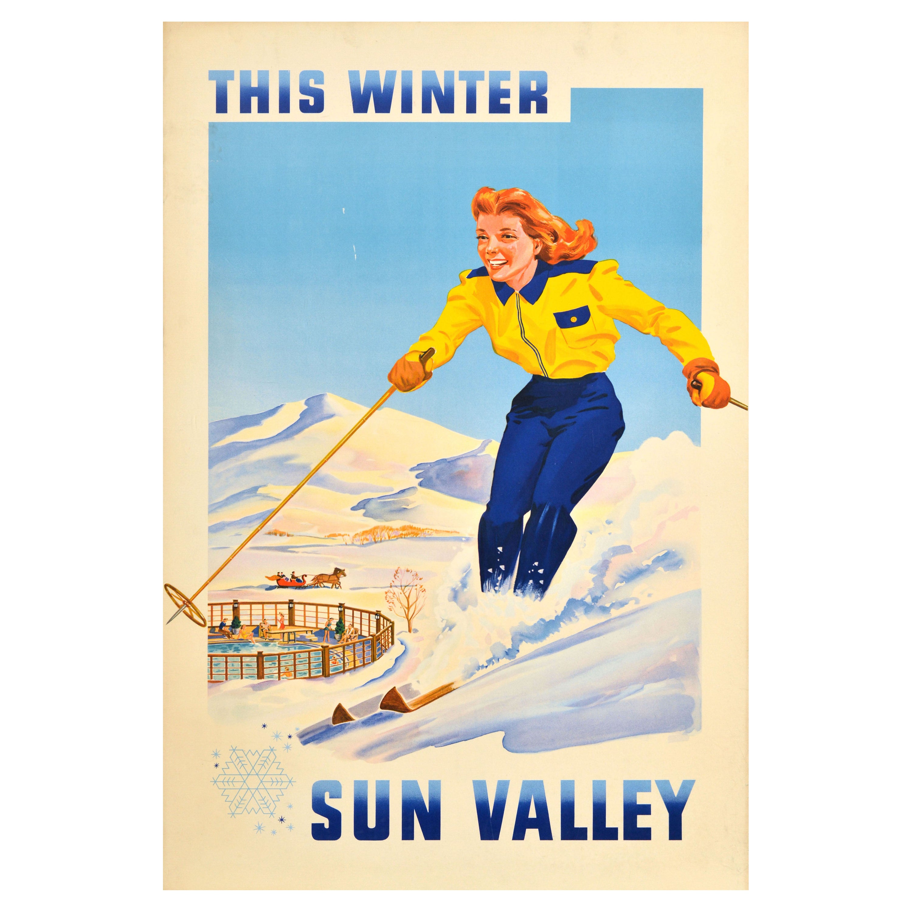 Original Vintage Póster de viaje de deportes de esquí de invierno Este invierno Sun Valley Idaho