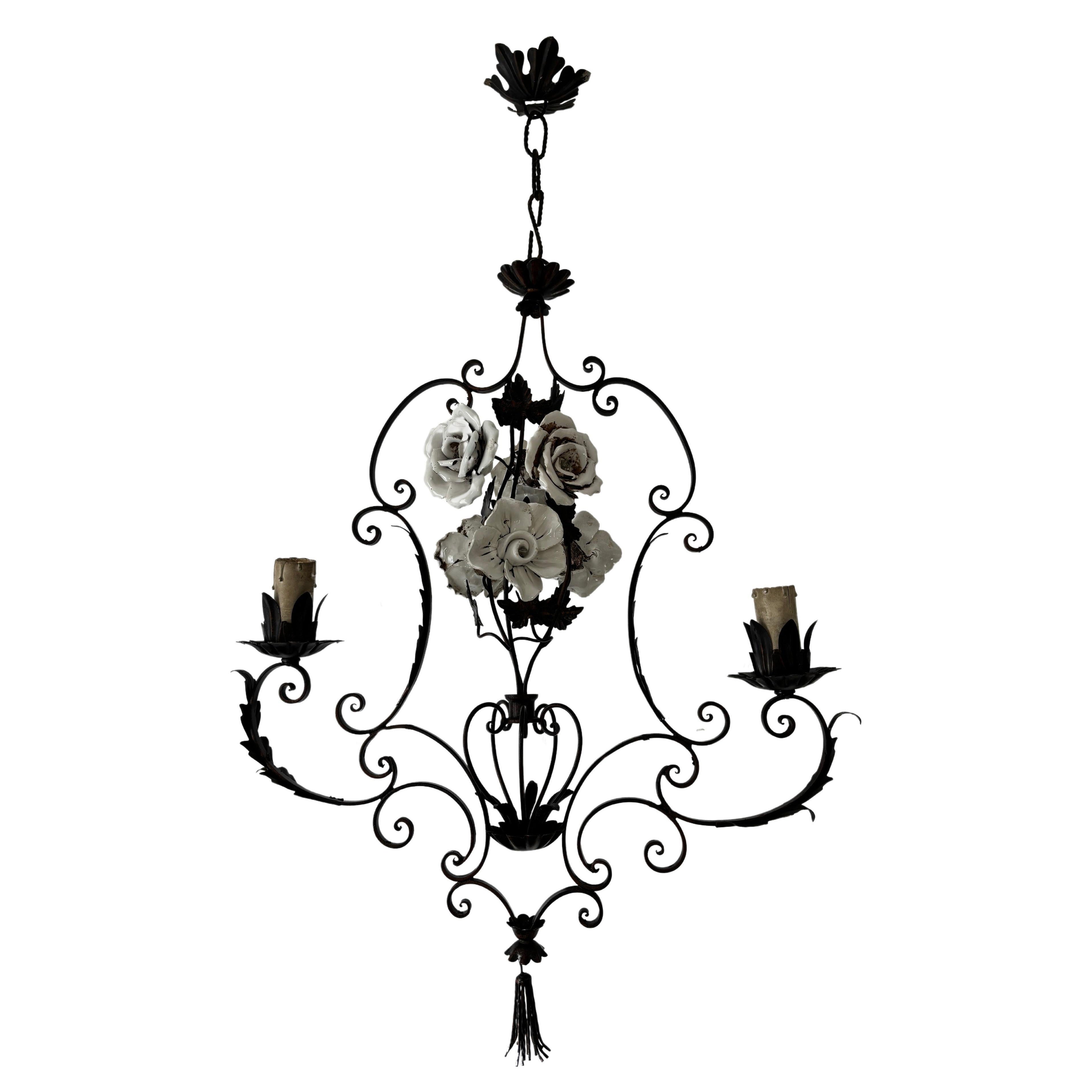 Big French Wrought Iron Porcelain Roses Vase & Tassel Chandelier, circa 1880