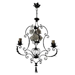 Big French Wrought Iron Porcelain Roses Vase & Tassel Chandelier, circa 1880