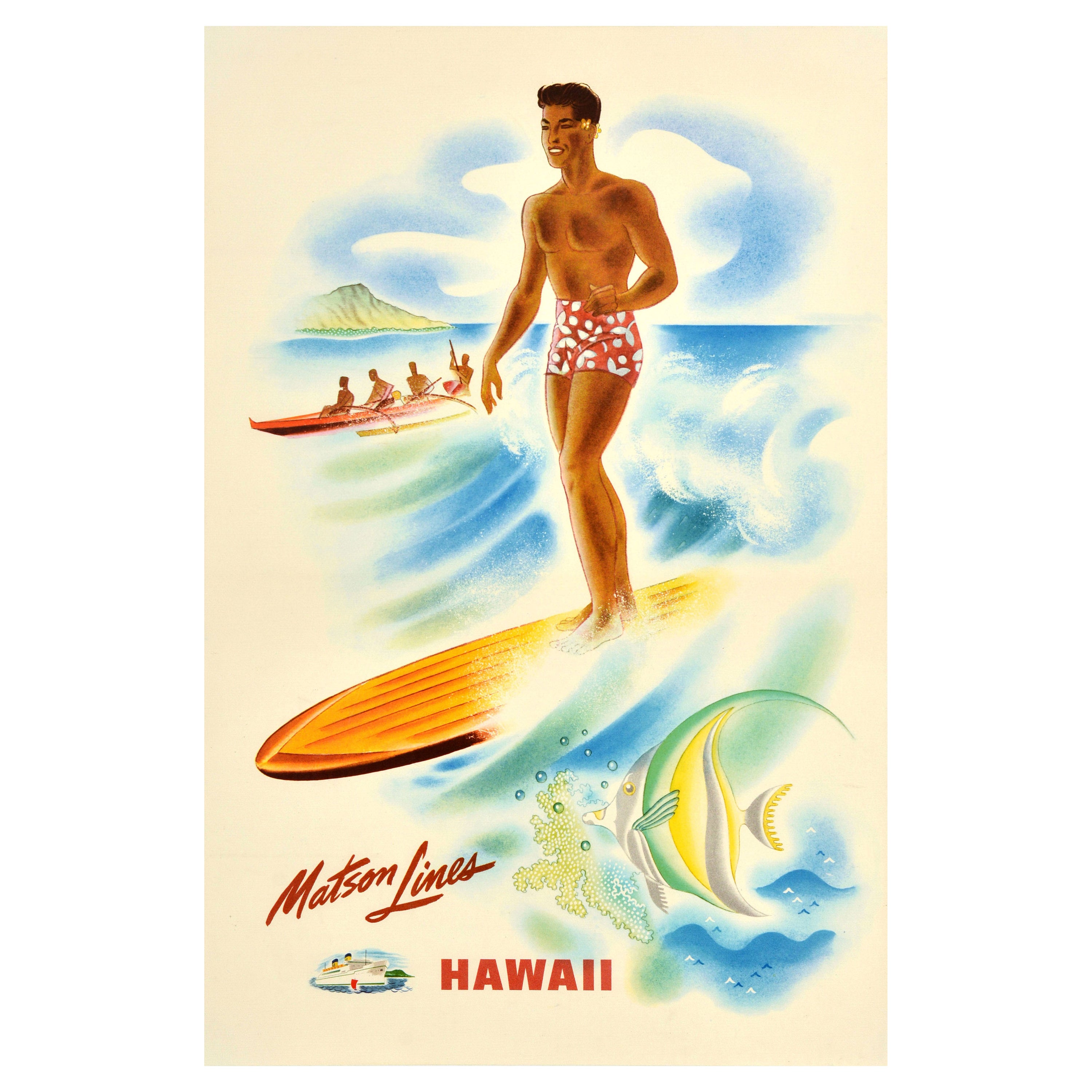 Original Vintage Travel Poster Matson Lines Cruise Hawaii Honolulu Surfer Beach For Sale