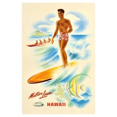Original-Vintage-Reiseplakat Matson Lines, Kreuzfahrt, Hawaii, Honolulu, Surfer, Strand