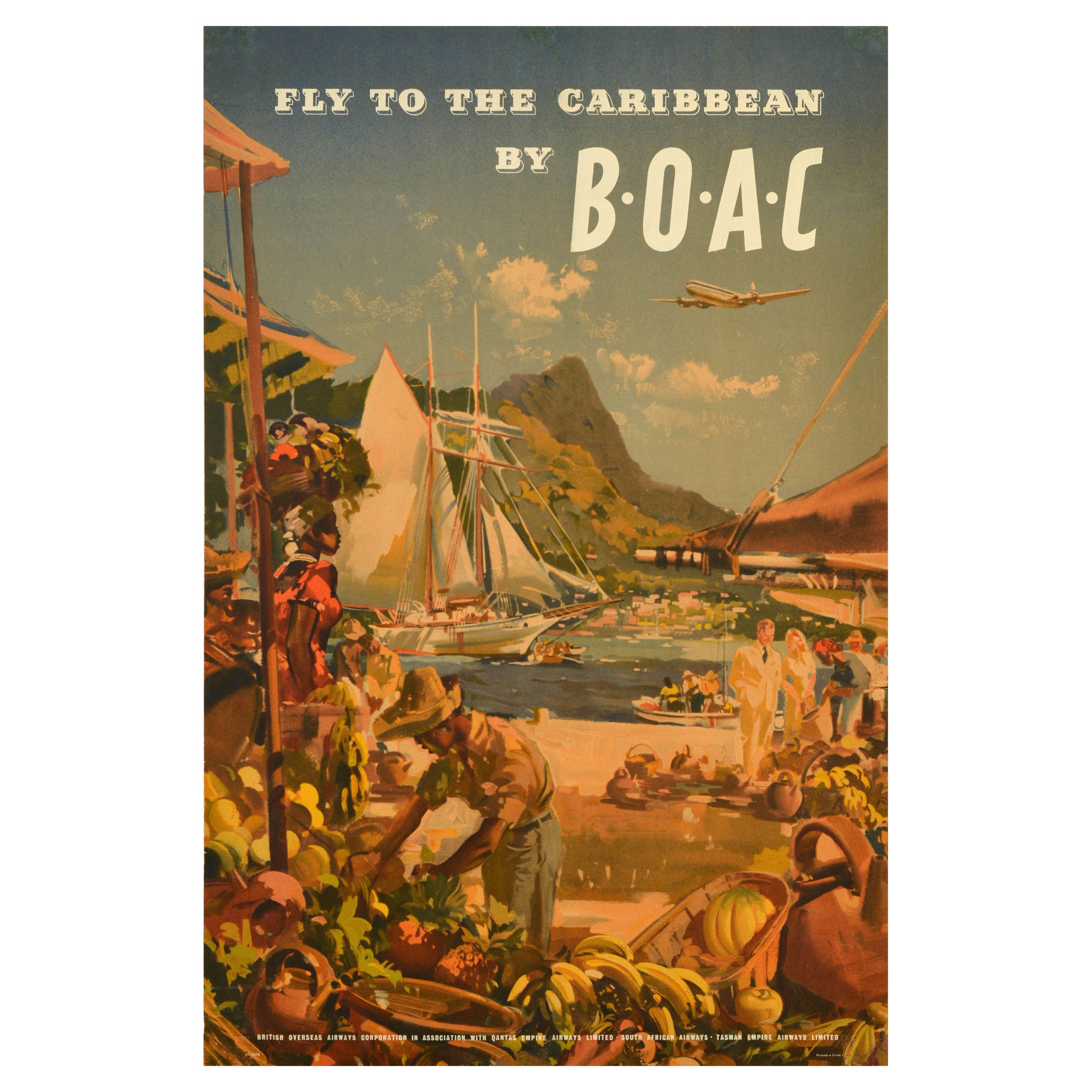 Affiche publicitaire originale de voyage Fly To The Caribbean par BOAC Wootton