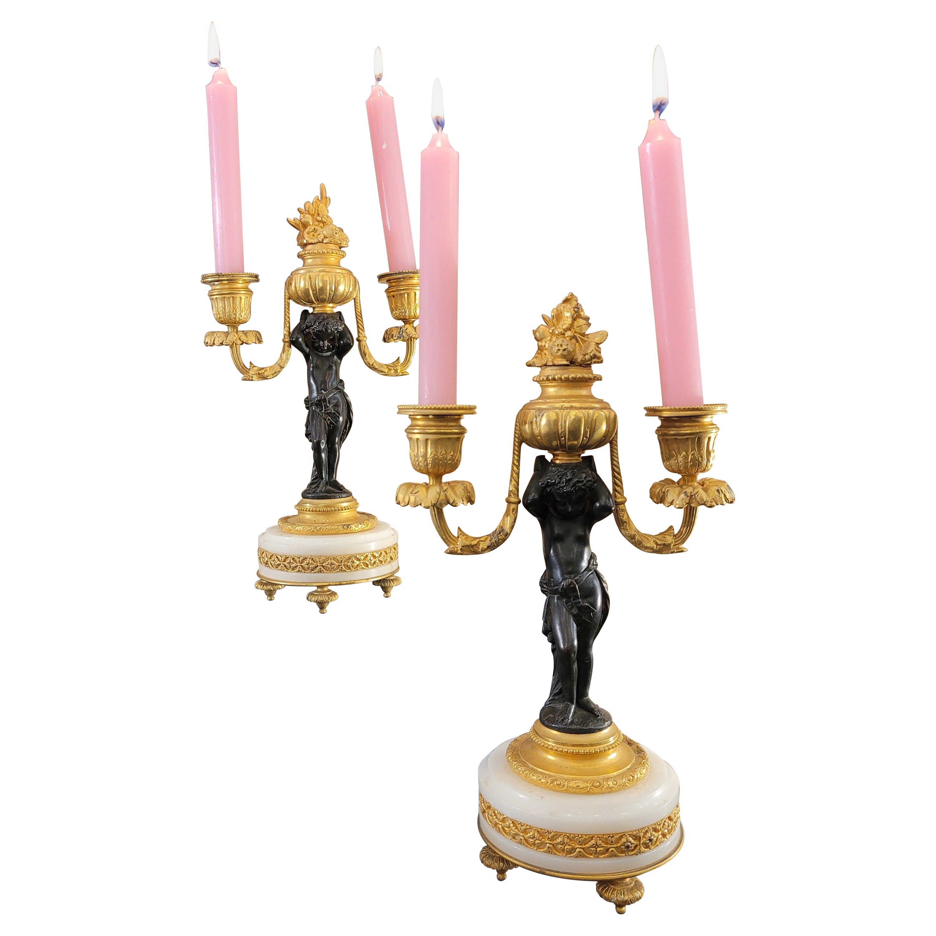 Pair of  French Ormolu  marble bronze candlesticks gilt bronze putti For Sale