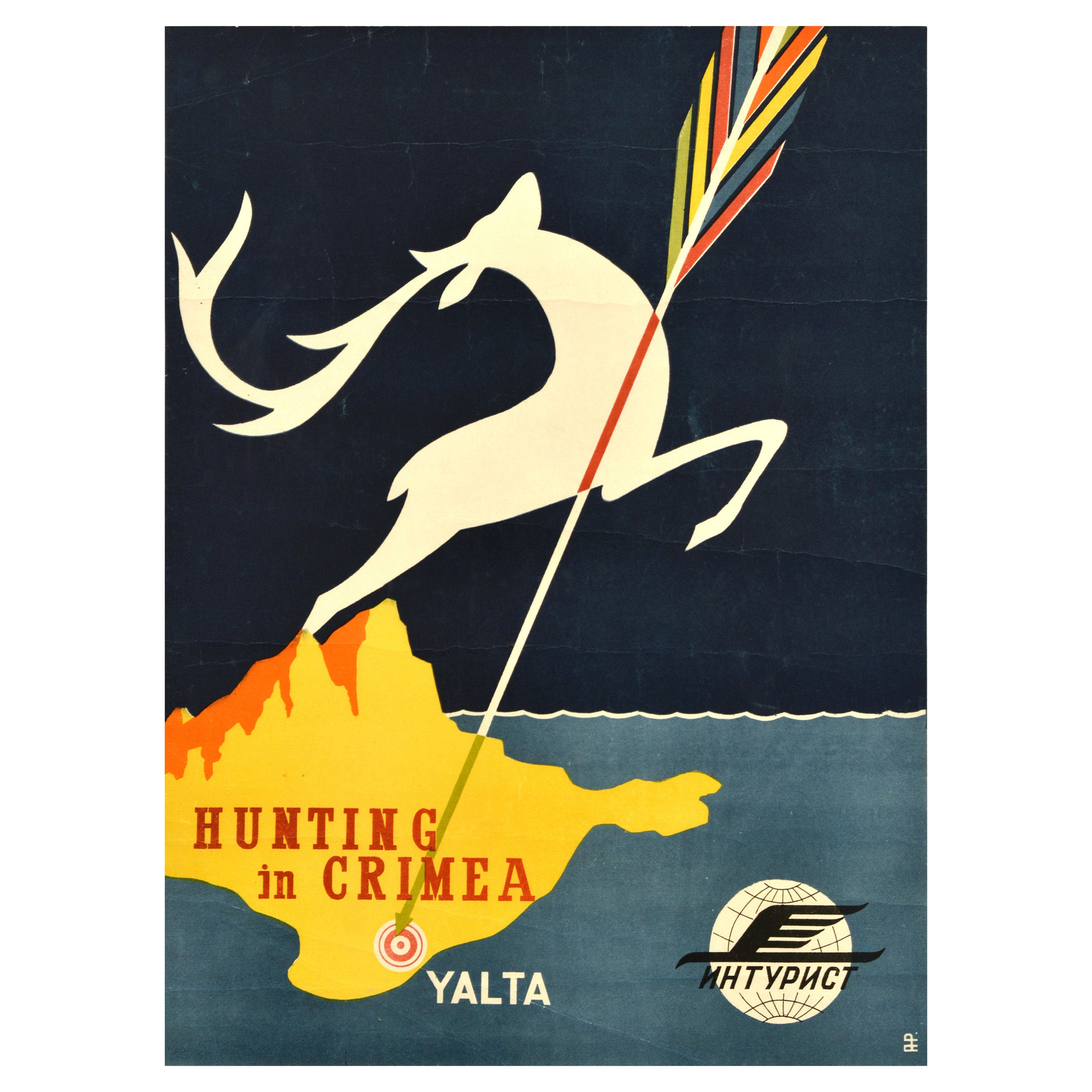Original Vintage Soviet Intourist Travel Poster Hunting In Crimea Yalta Deer For Sale