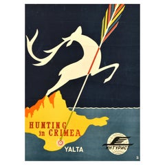 Original Vintage Soviet Intourist Travel Poster Hunting In Crimea Yalta Deer