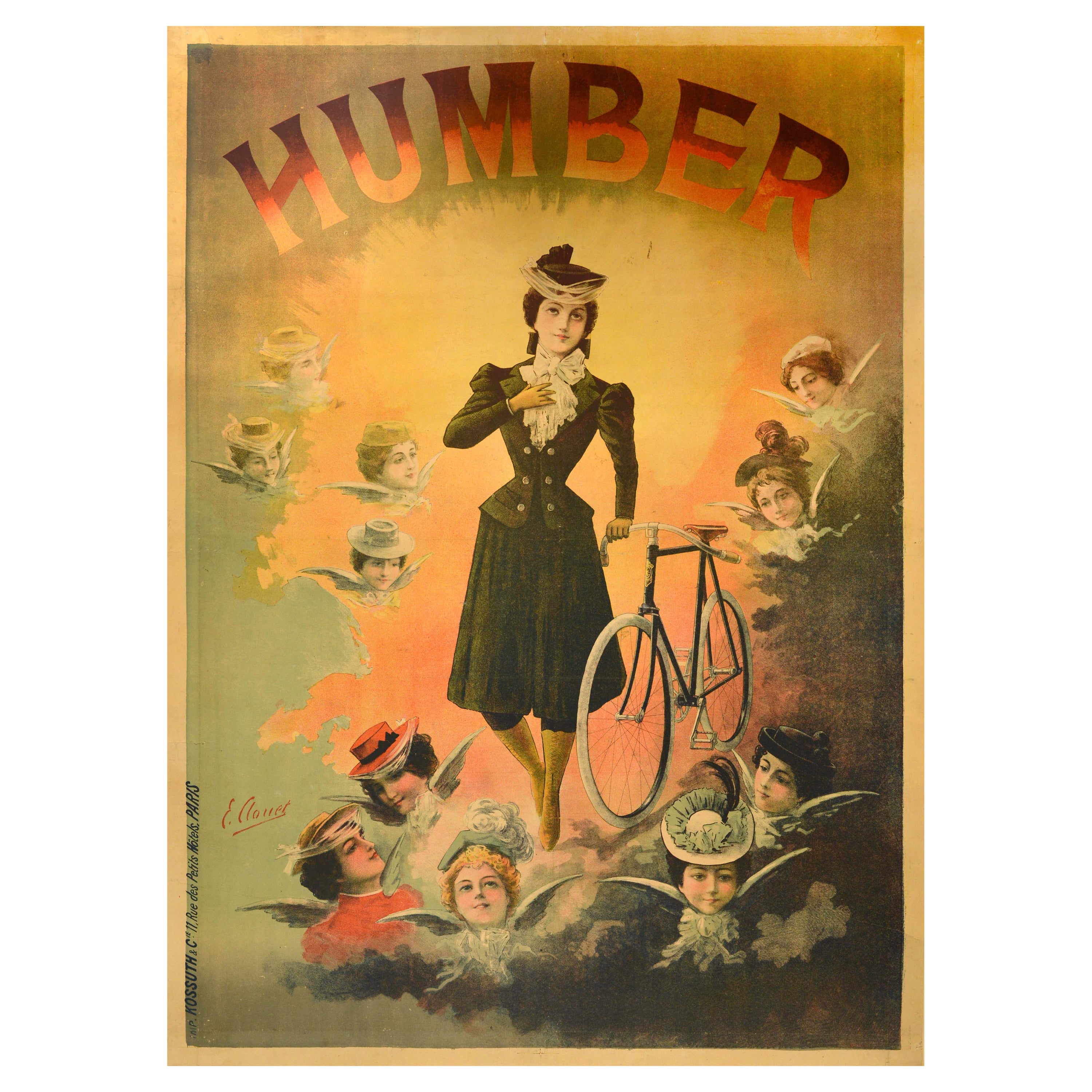 Original Antique Cycling Advertising Poster Humber Bicycle Emile Clouet Cycles For Sale