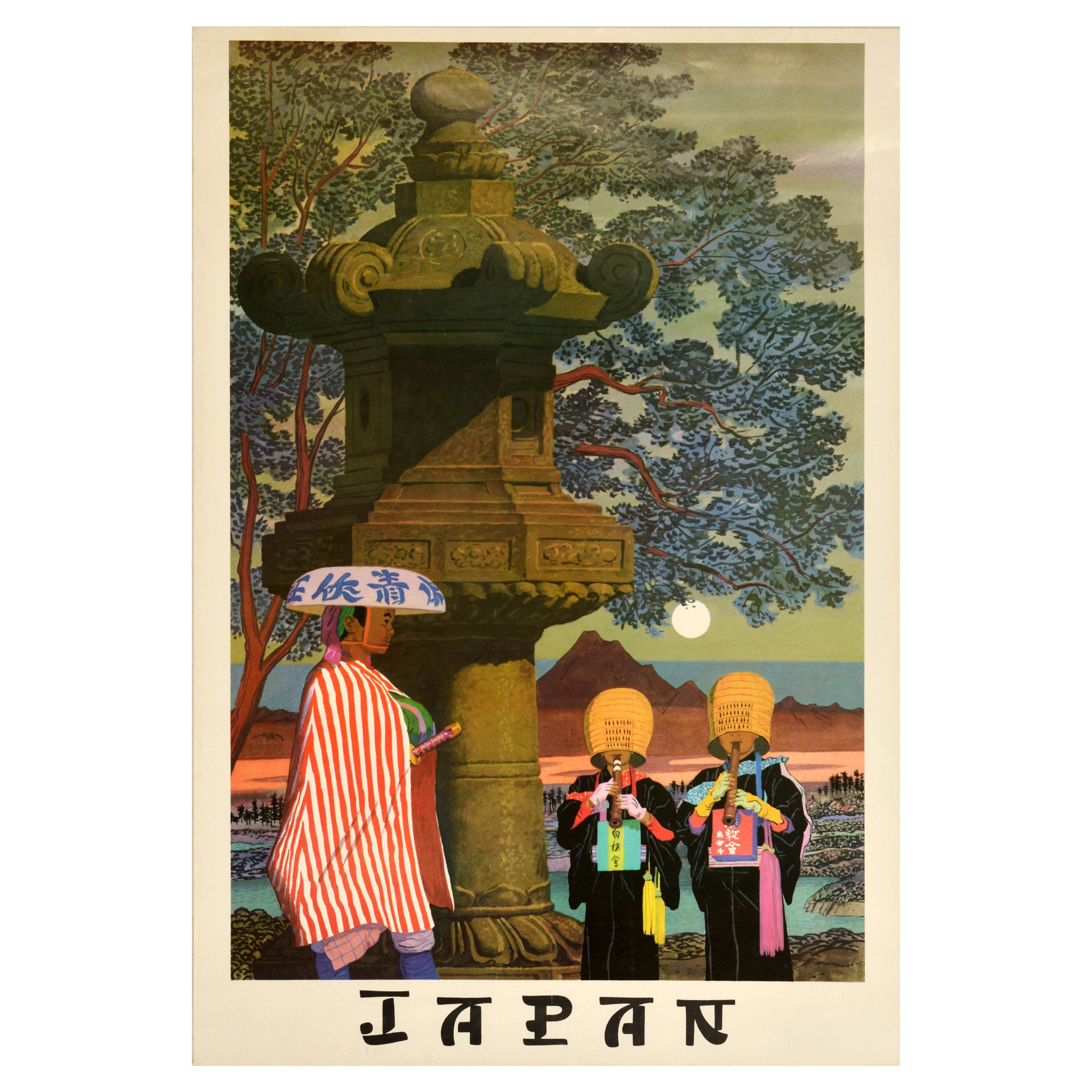 Original Vintage Travel Poster Japan Ronin Samurai Komuso Zen Buddhism Monks For Sale