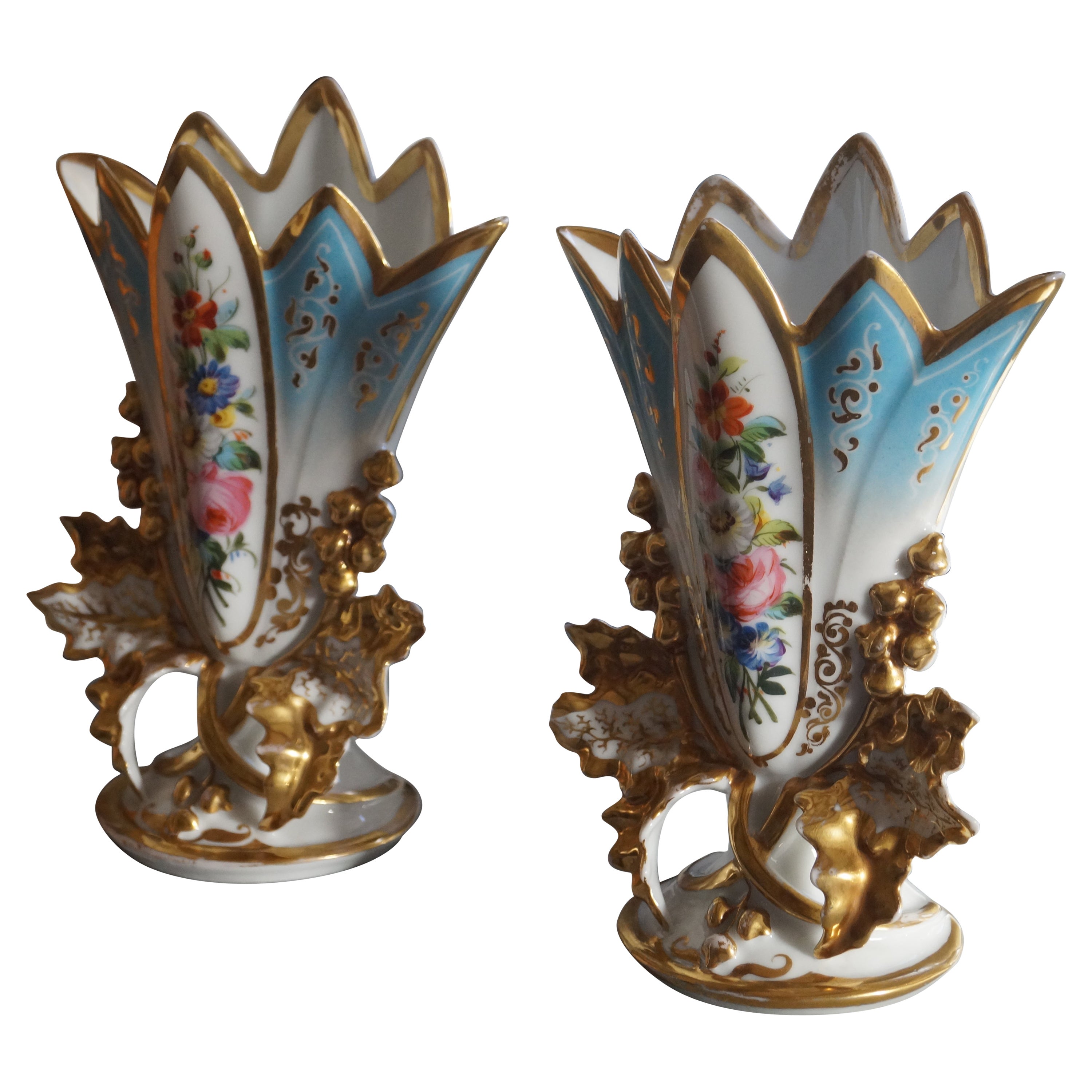Two Beautiful Antique Old Paris Porcelain (Porcelaine de Paris) Cornet Vases  For Sale