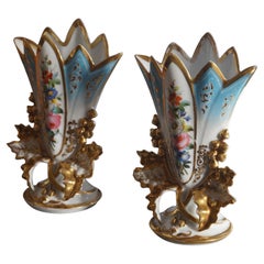 Two Beautiful Antique Old Paris Porcelain (Porcelaine de Paris) Cornet Vases 