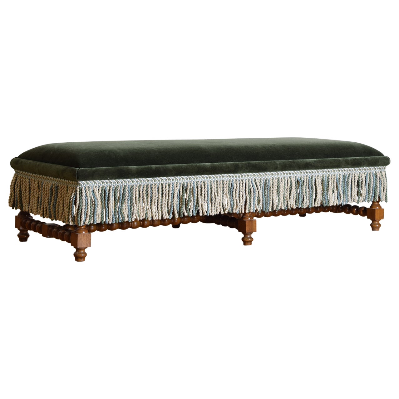 Italian Louis XIII Style Light Walnut & Upholstered Large Bench, 2nd half 19thc