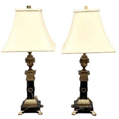 Antique Pair of Hollywood Regency Bronze and Marble Table Lamps, Corinthian Column Form