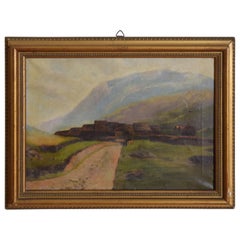 French Oil on Canvas, Pathway Leading to Village in Mountainous Landscape, 20thc