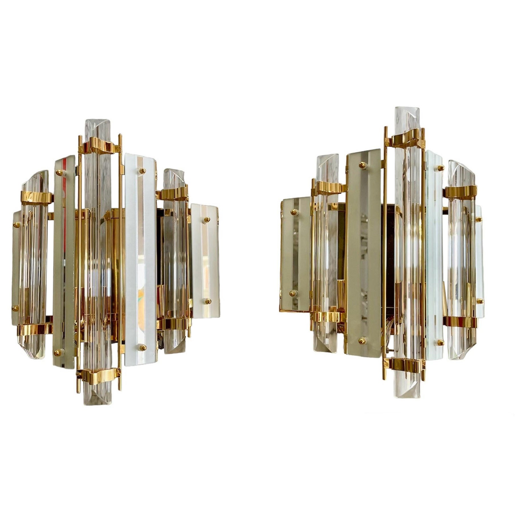 Venini Wall Lighting Pair Glass with Gilt Gold Structure, Italy, 1970