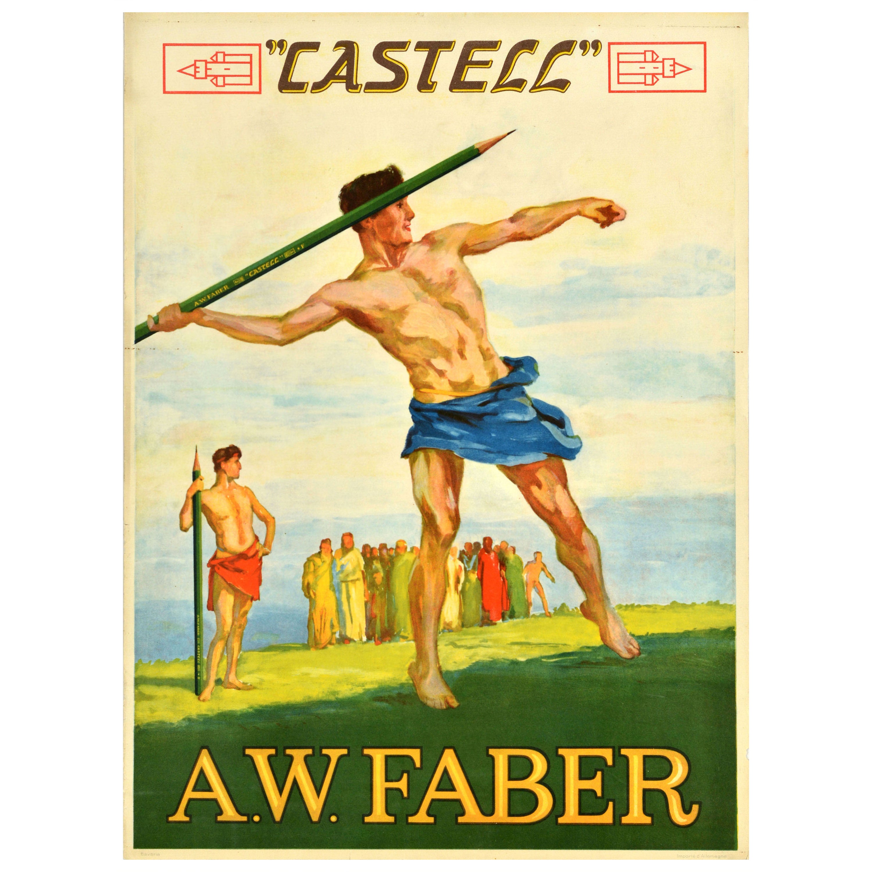 Original Antique Advertising Poster AW Faber Castell Stationery Supplies Athlete For Sale