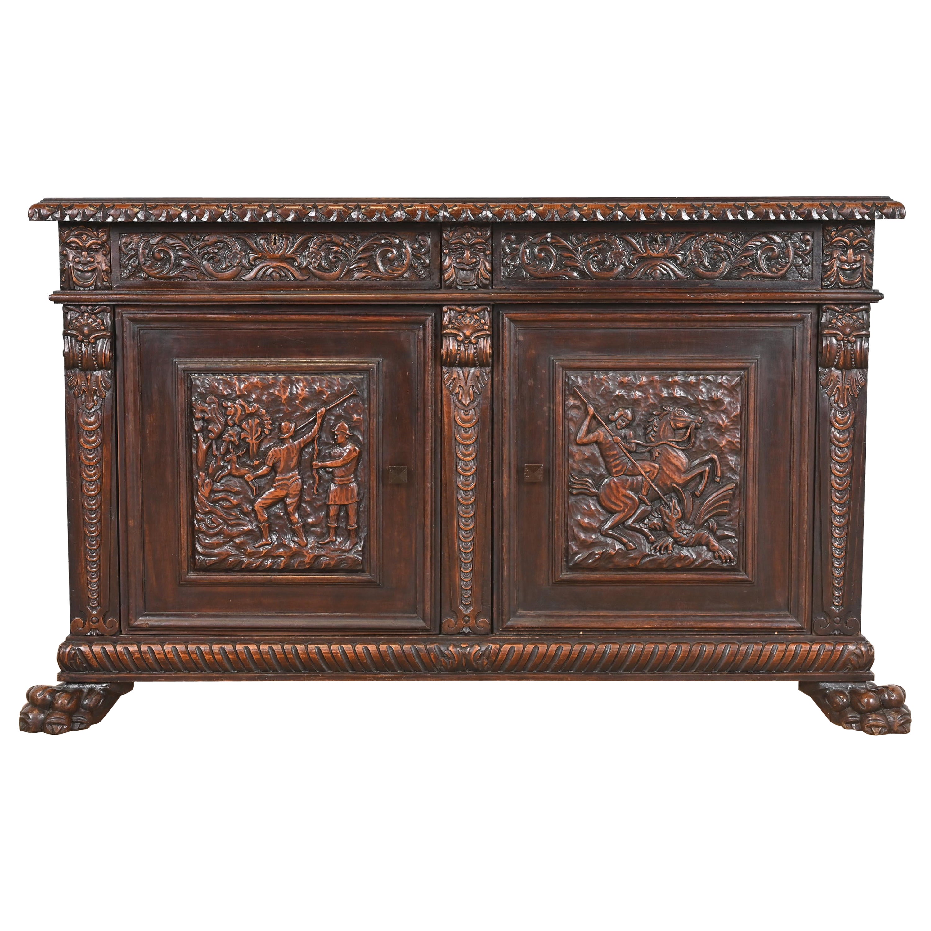 R.J. Horner Style Renaissance Revival Carved Walnut Sideboard or Bar Cabinet, C