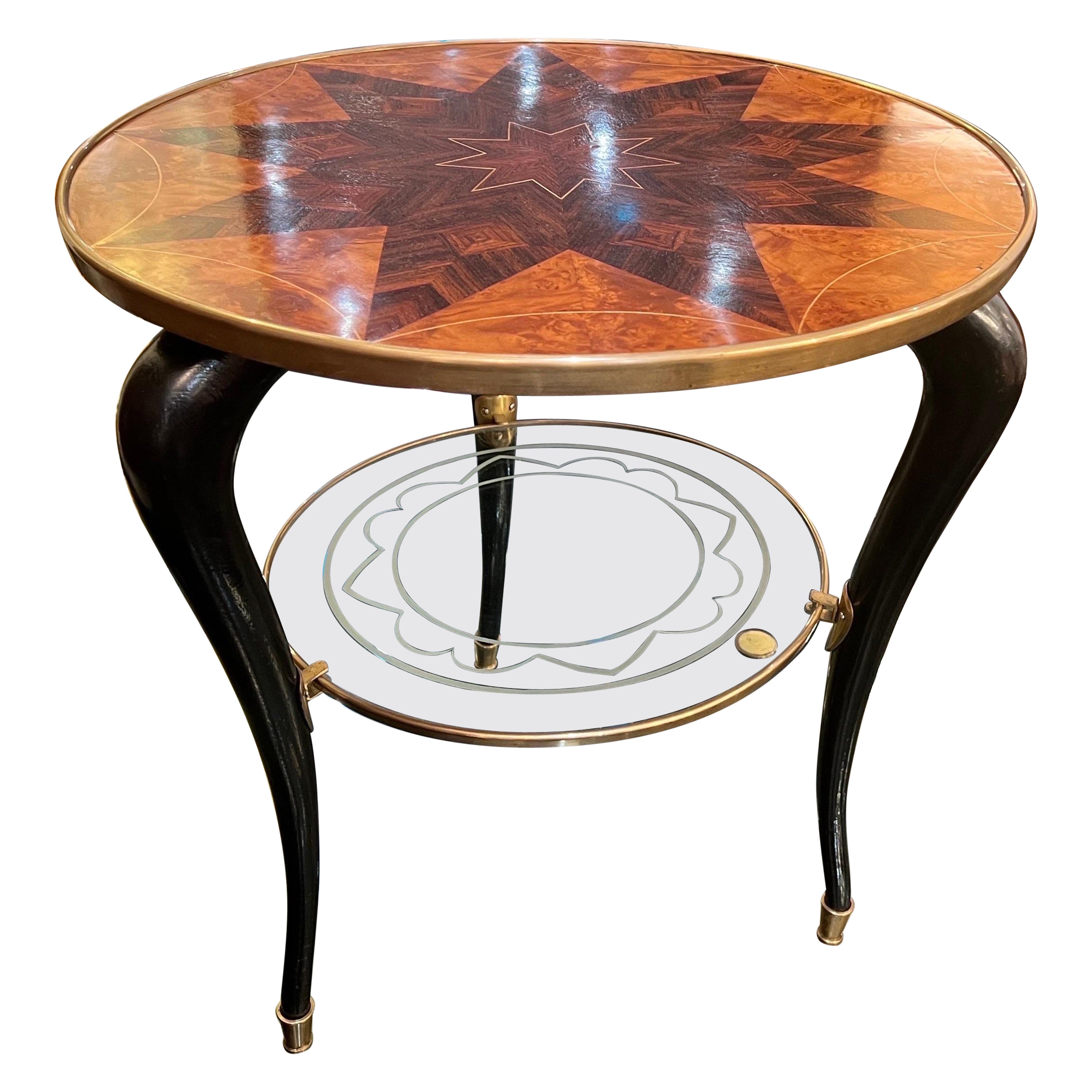 Italian Two tiered marquetry brass and glass side table  For Sale