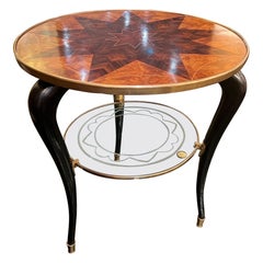 Italian Two tiered marquetry brass and glass side table 