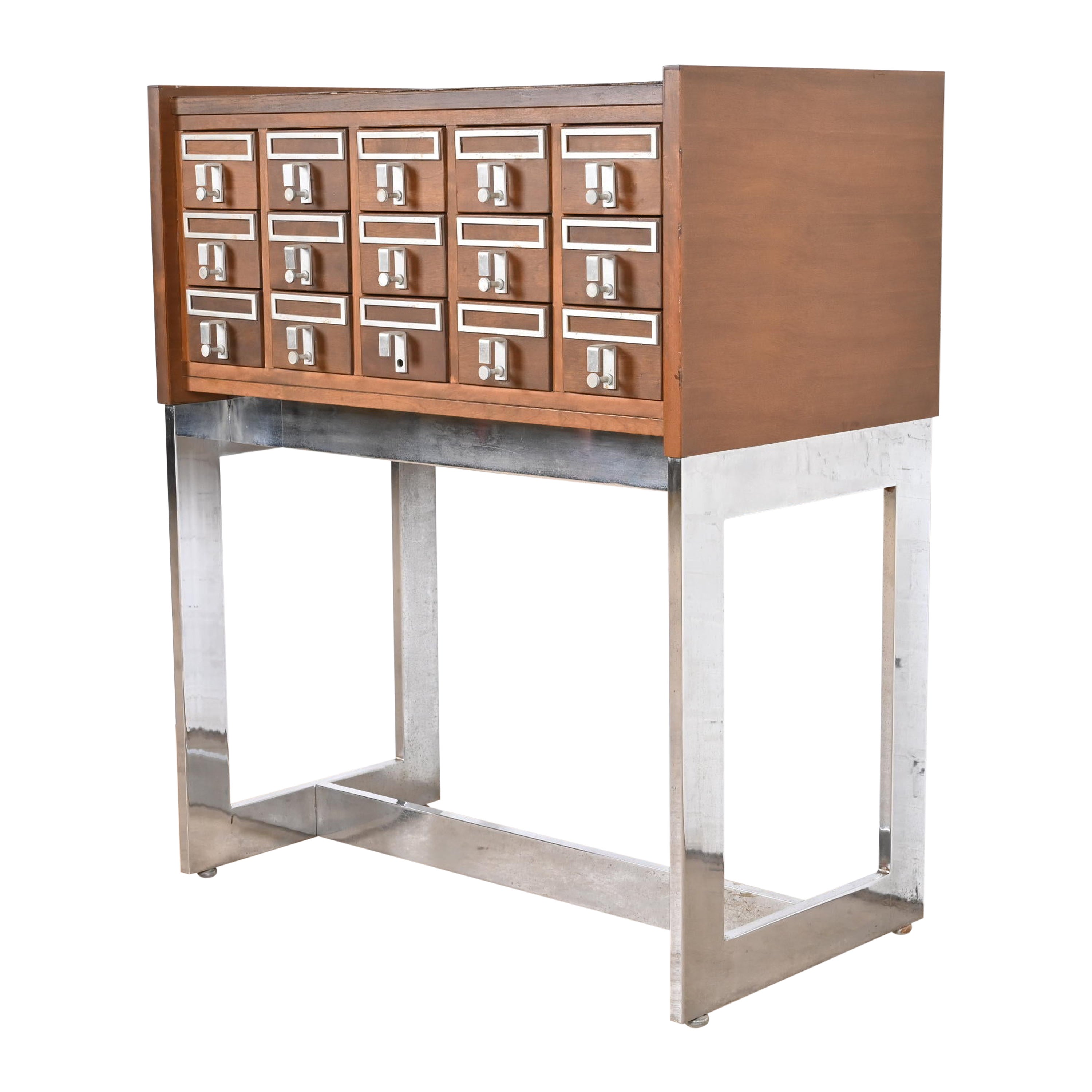 Mid-Century Modern Walnut and Chrome 15-Drawer Library Card Catalog For Sale