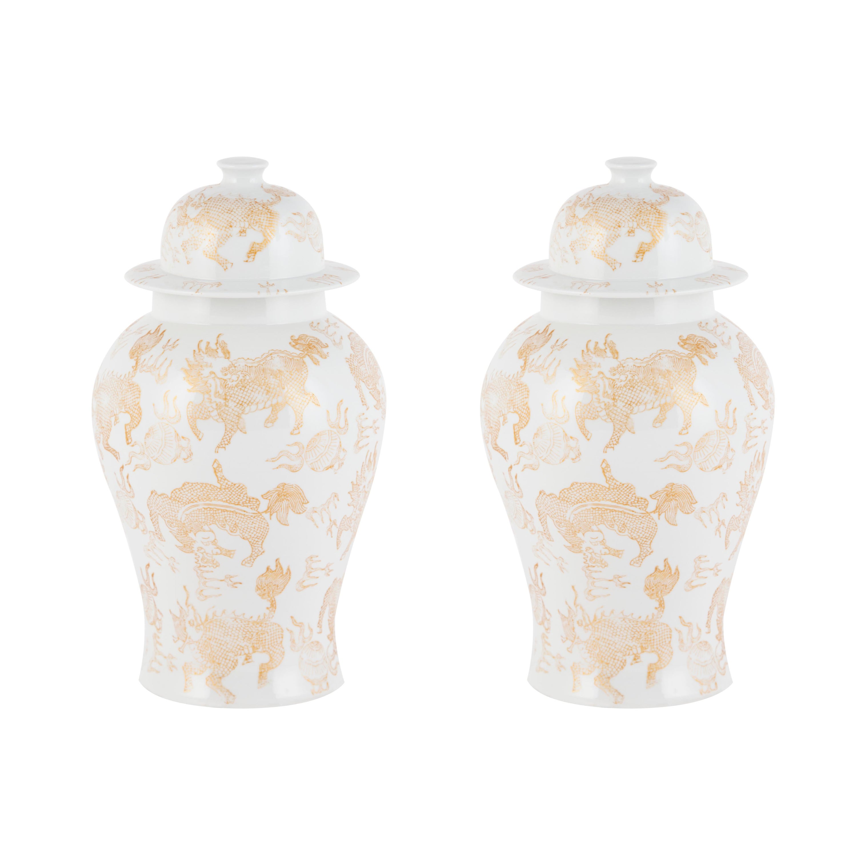 Ensemble de 2 pots de Han en porcelaine, or et blanc, moulés à la main et peints à la main