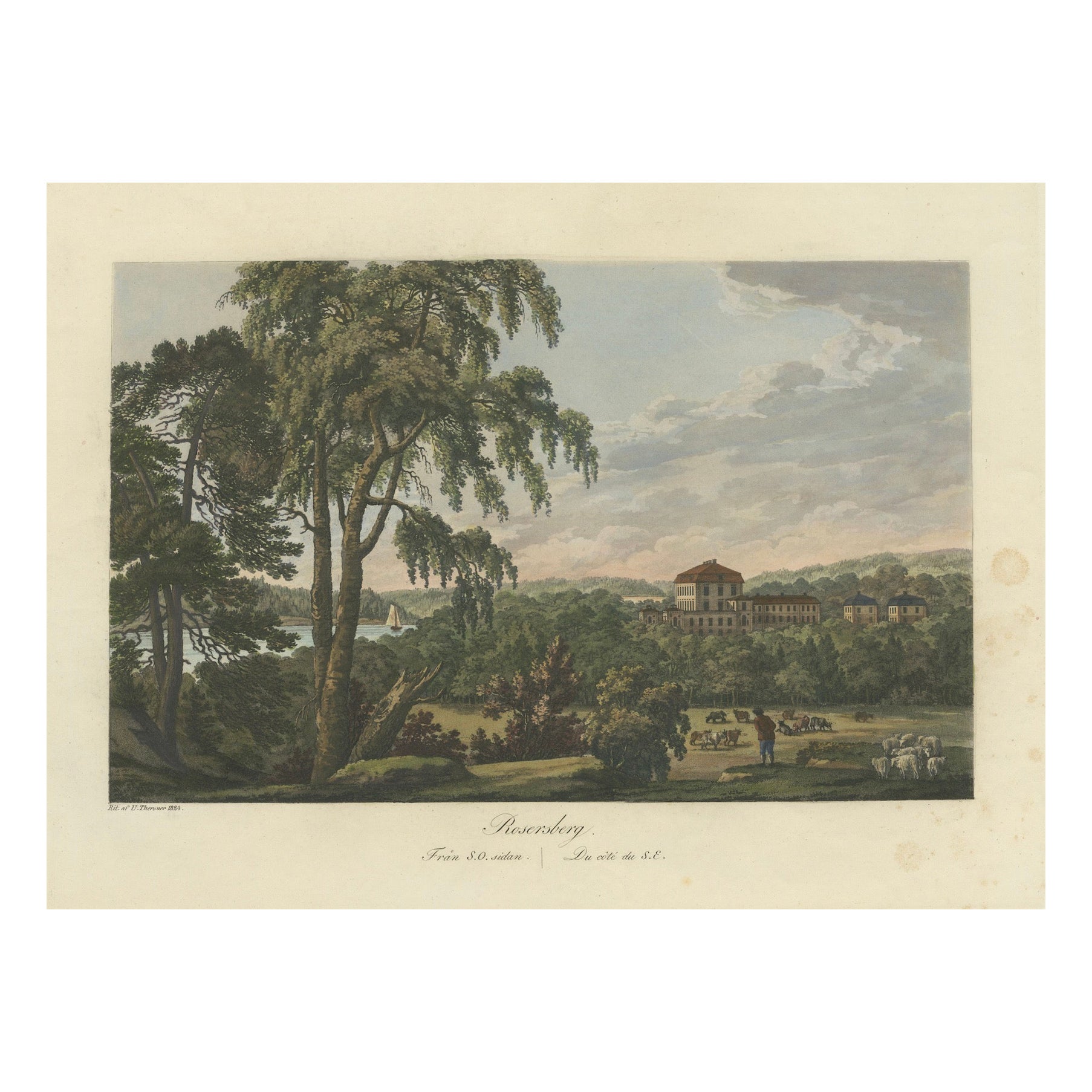 Pastoral Elegance: Ulrik Thersners Aquatinta des Schlosses Djursholm aus dem Jahr 1824 im Angebot
