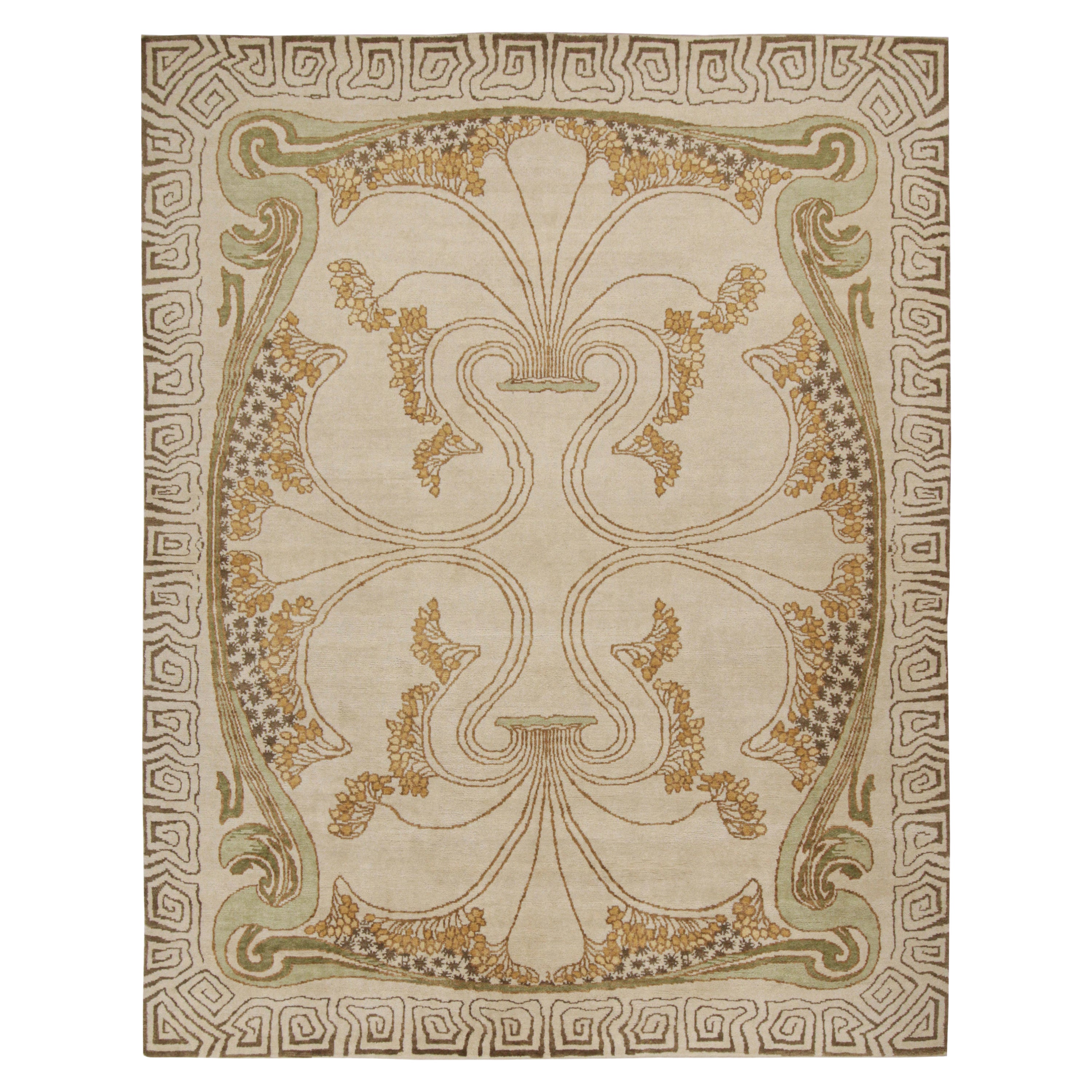 Rug & Kilims französischer Art-Deco-Teppich in Creme und Gold mit geometrischen Mustern im Angebot
