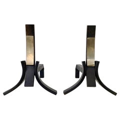 Pair of cast iron and brass andirons, circa 1960, France.