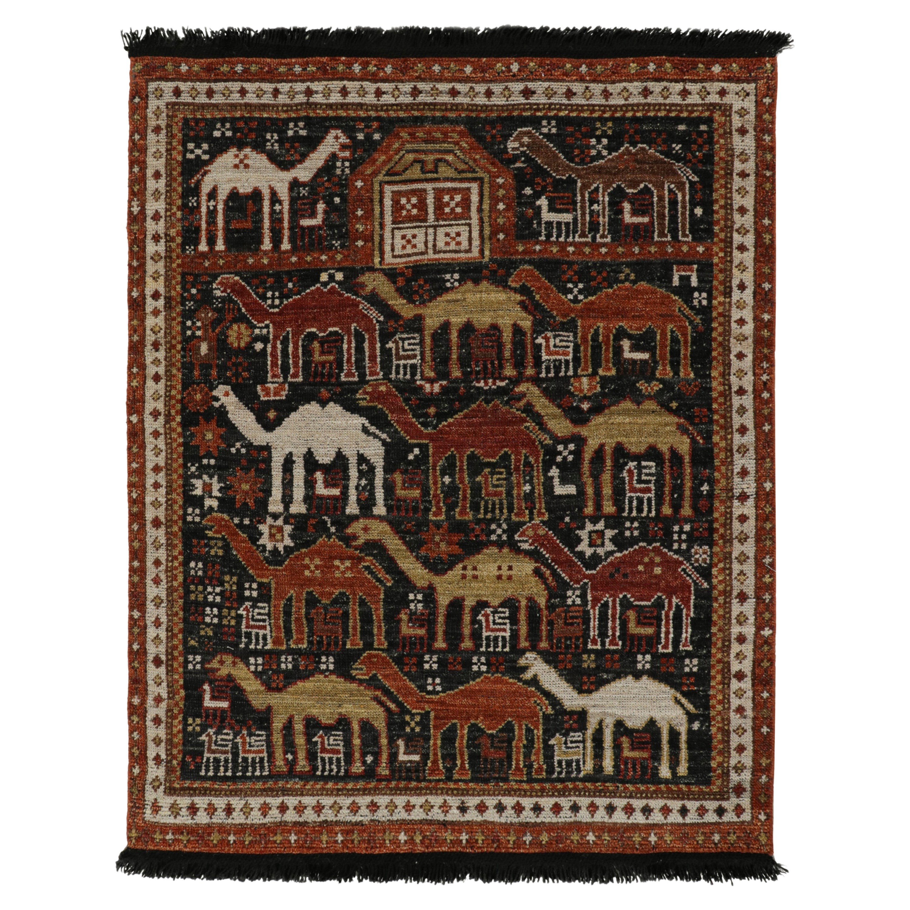 Rug & Kilim’s Tribal Style Rug in Black with Red, Gold-Brown Pictorial Patterns For Sale