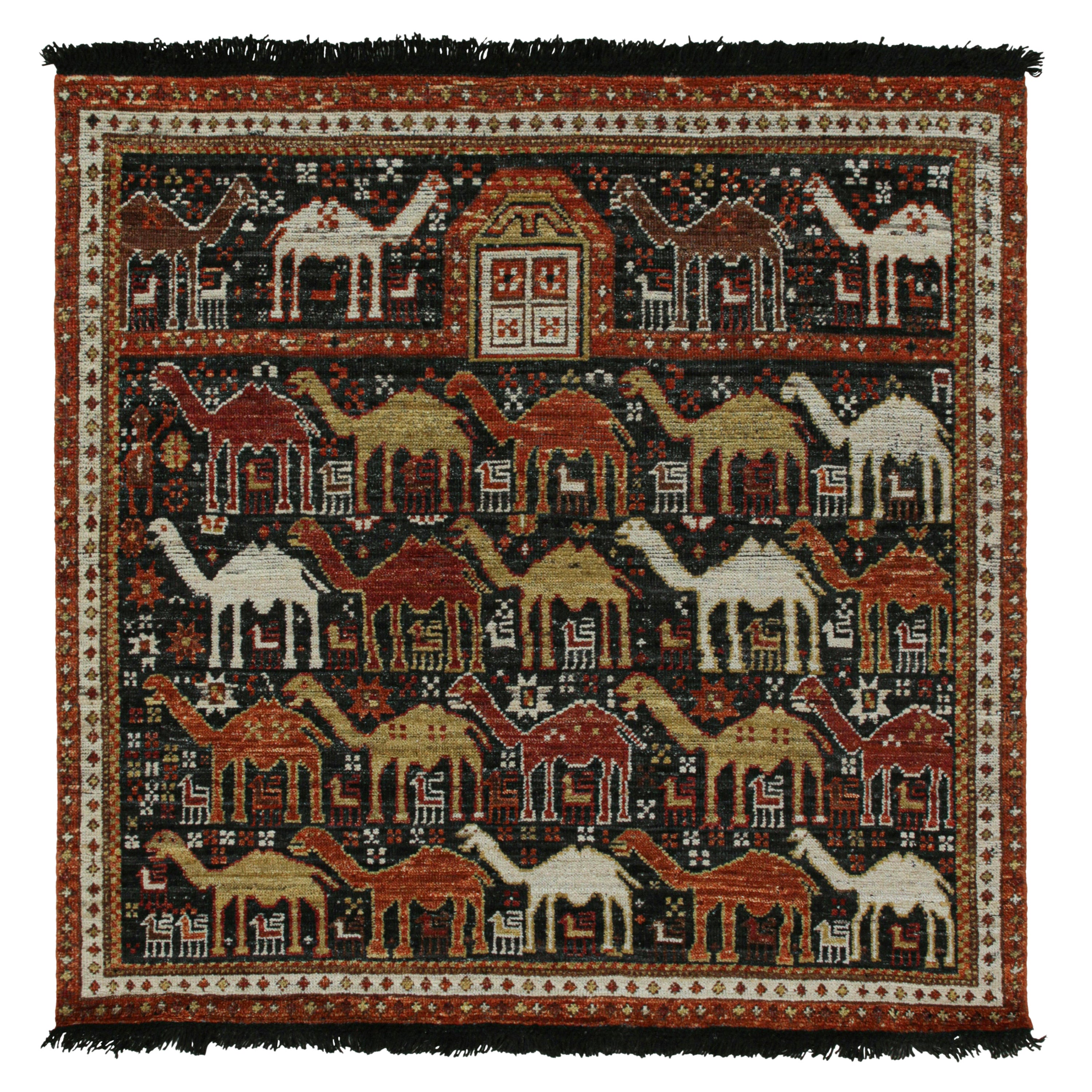 Rug & Kilim’s Tribal Style Rug in Black with Red, Gold-Brown Pictorial Patterns For Sale