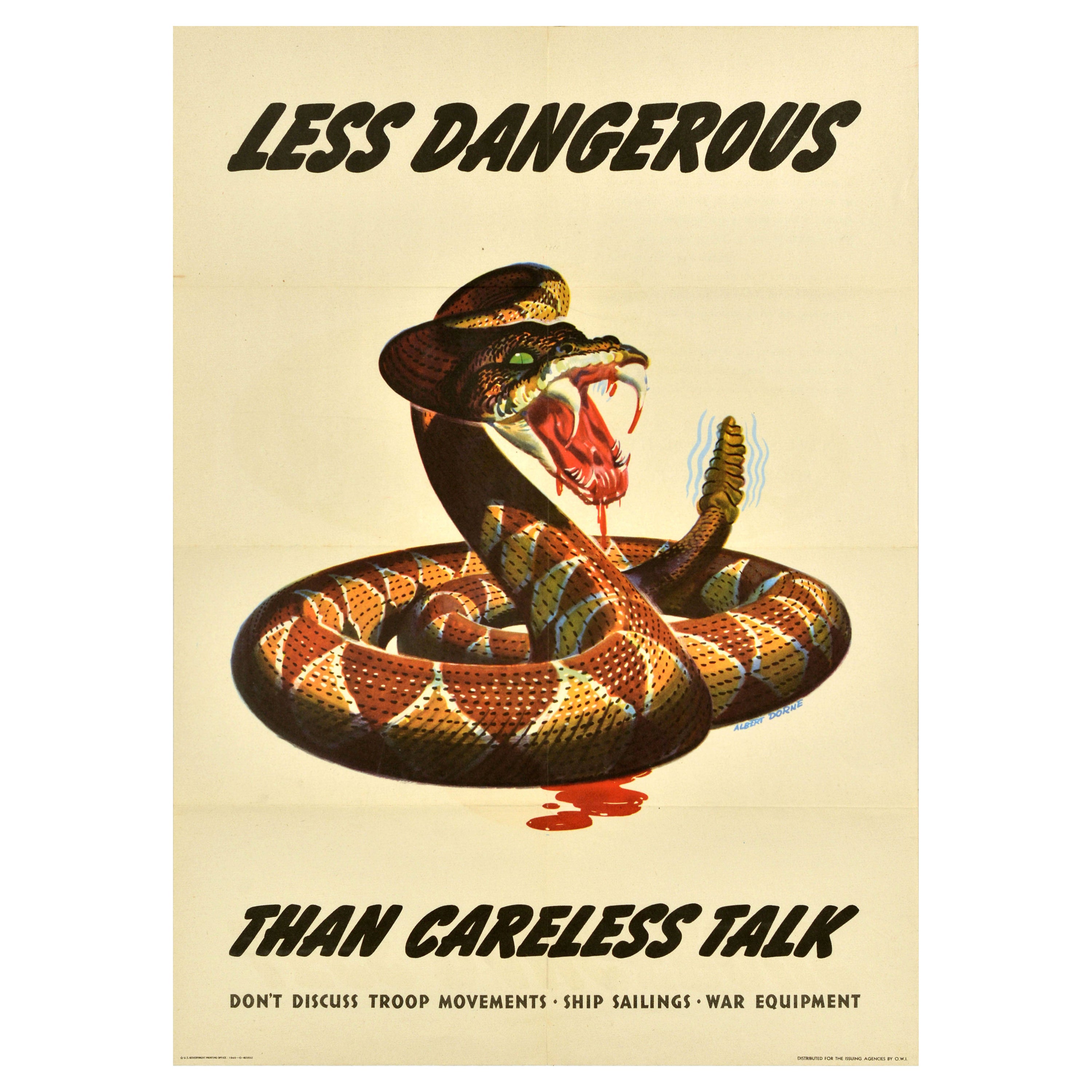 Original Vintage War Propaganda Poster Careless Talk Snake WWII Albert Dorne For Sale