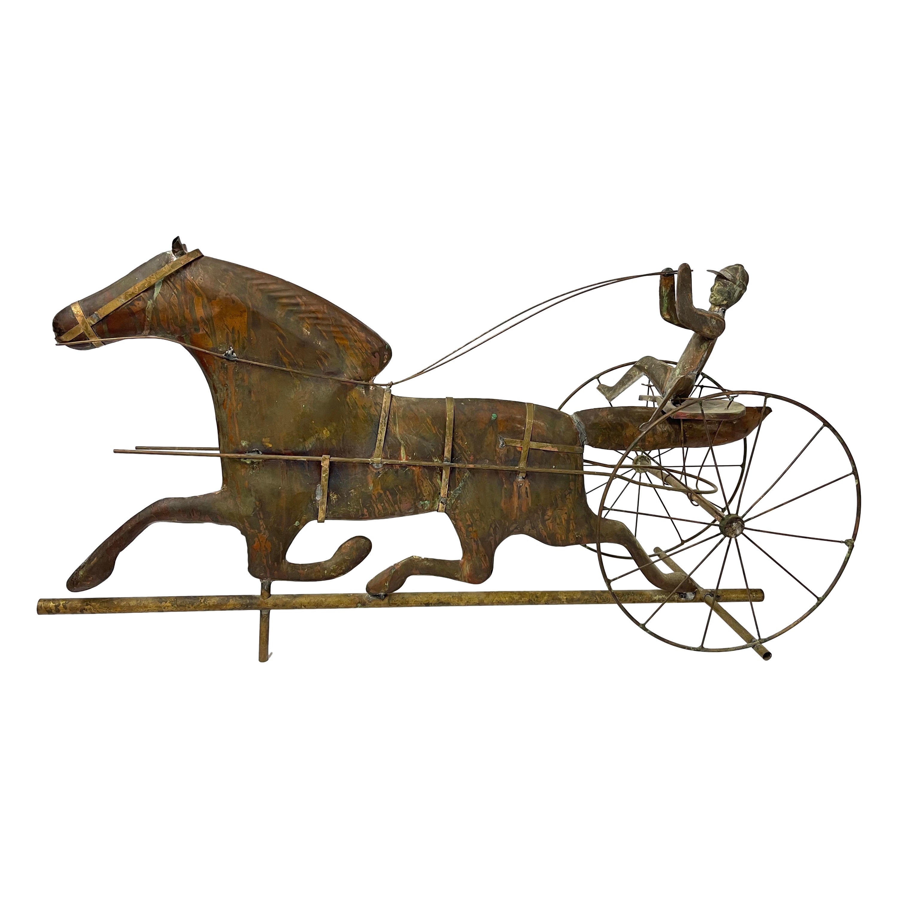 Antique Copper Horse and Jockey with Sulky Weathervane For Sale